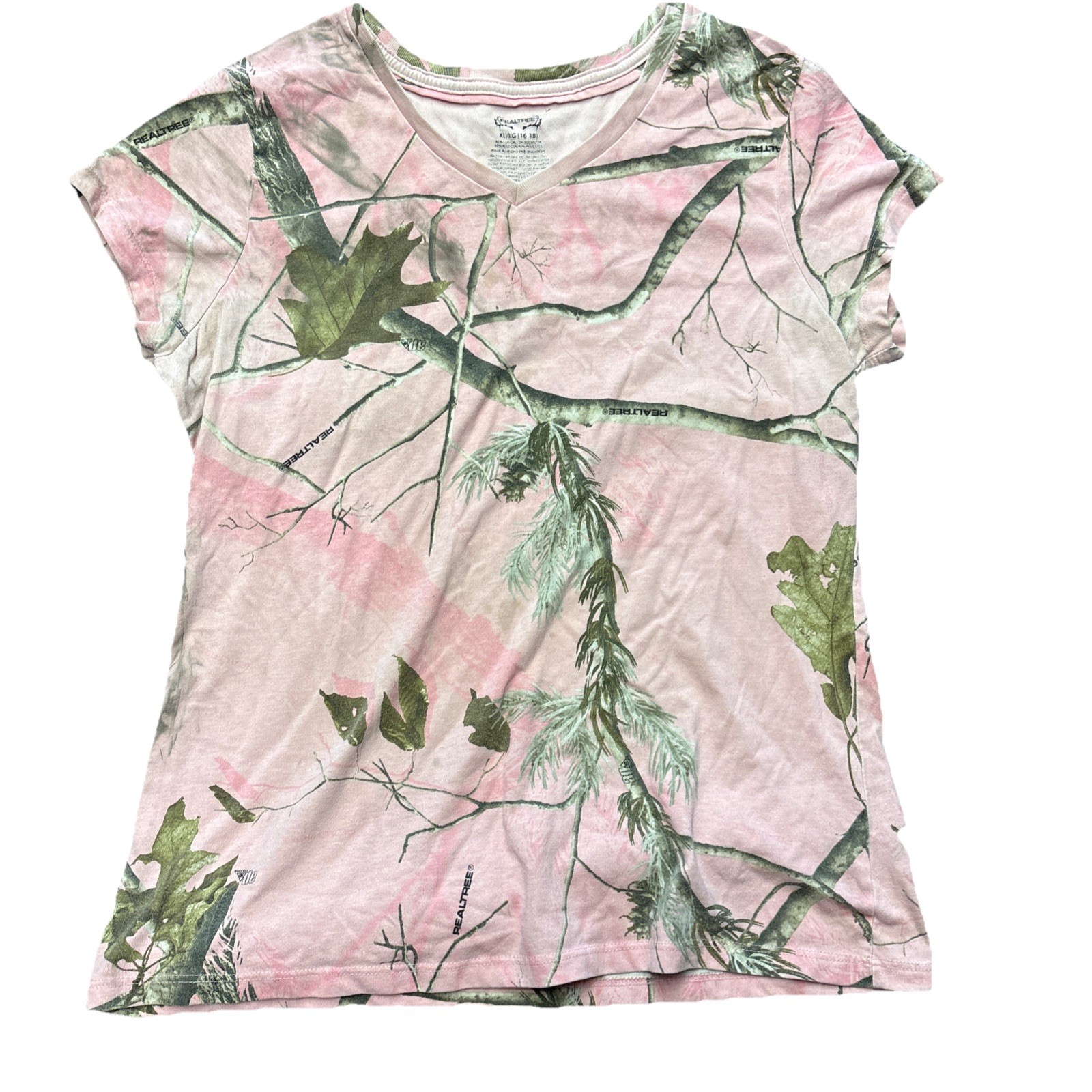 Realtree Camo Pink T Shirt Womens XL 16-18 V Neck Top Outdoor Hunting