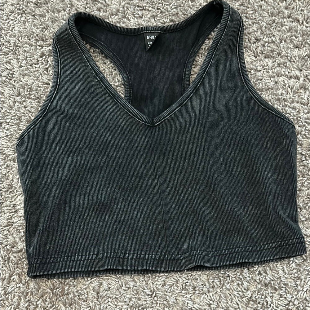 Shein size medium black distressed crop top tank racerback soft stretch
