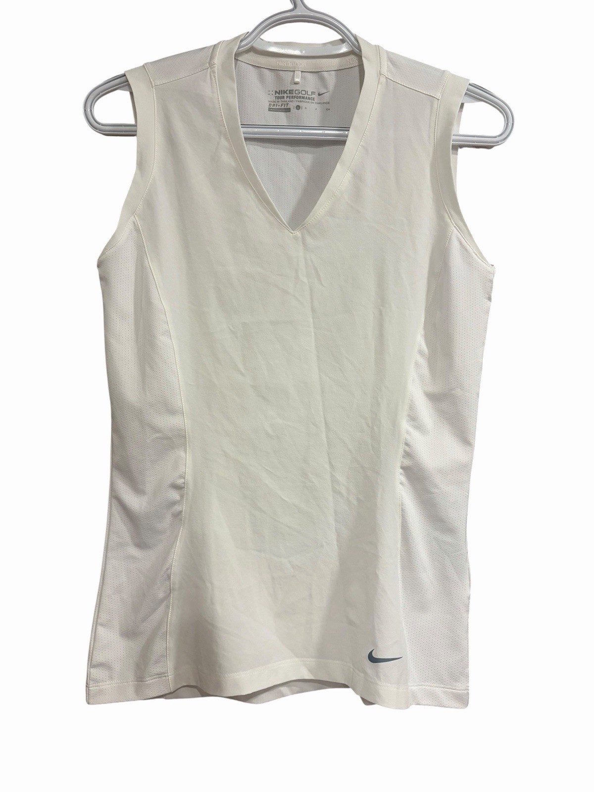 Nike Golf V- Neck Tour Performance Dri Fit White Sleeveless Top Side Vents Sz S
