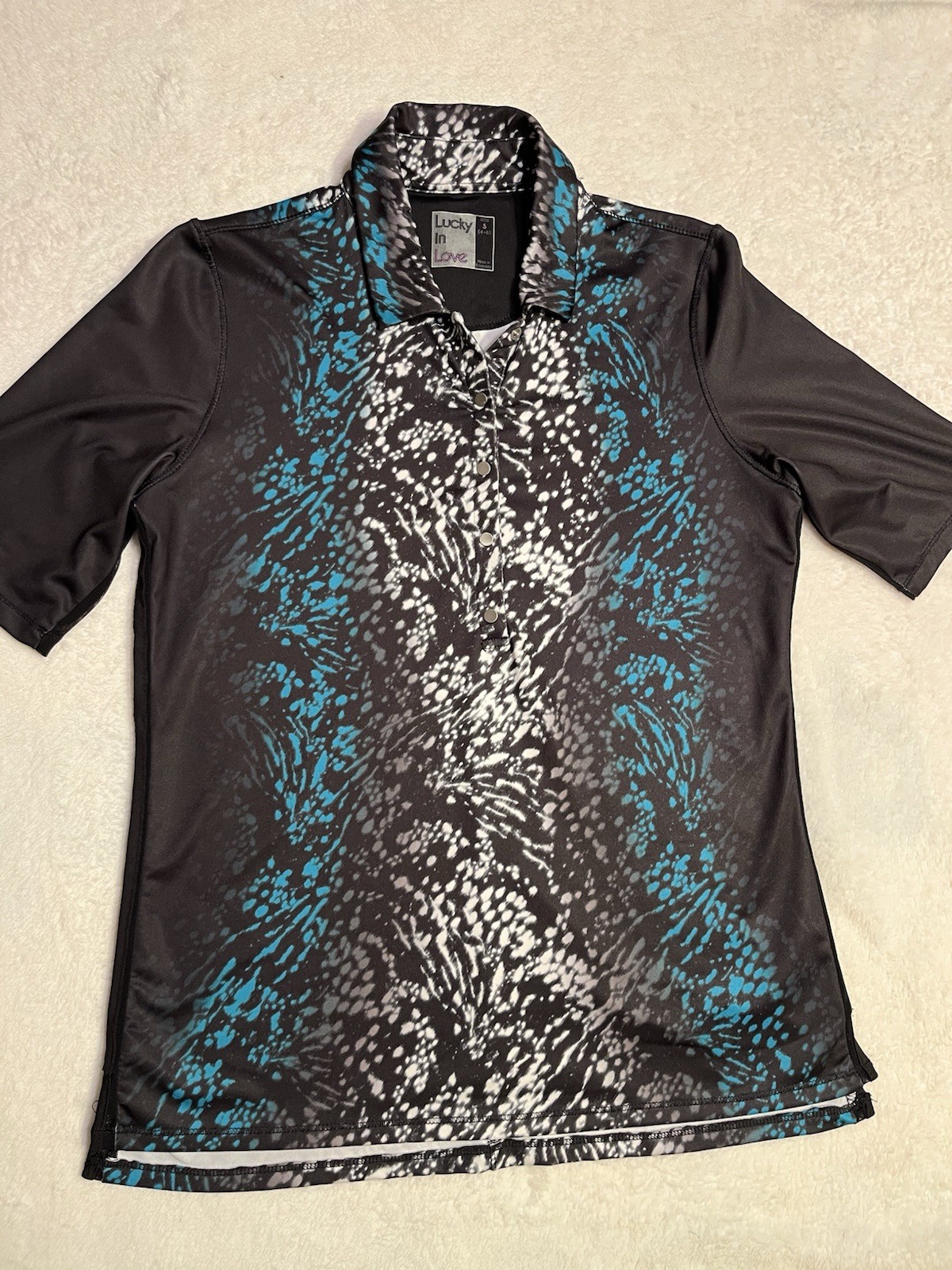 Lucky In Love Women’s Small Animal Print Tennis Golf Polo Shirt Black Blue