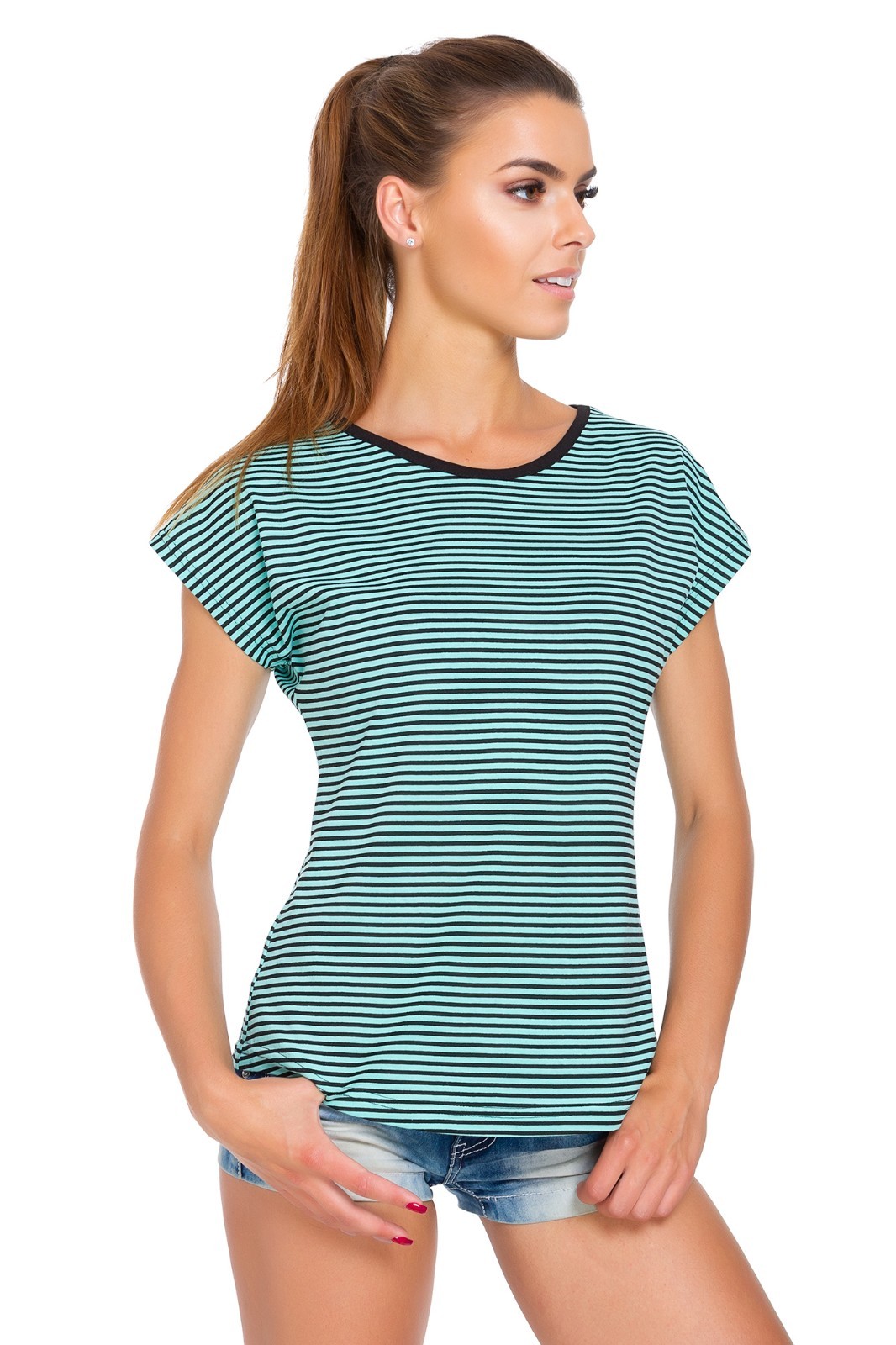 Ladies New Crew Neck T-Shirt Short Sleeves Tee Hip Length Striped Blouse FB335