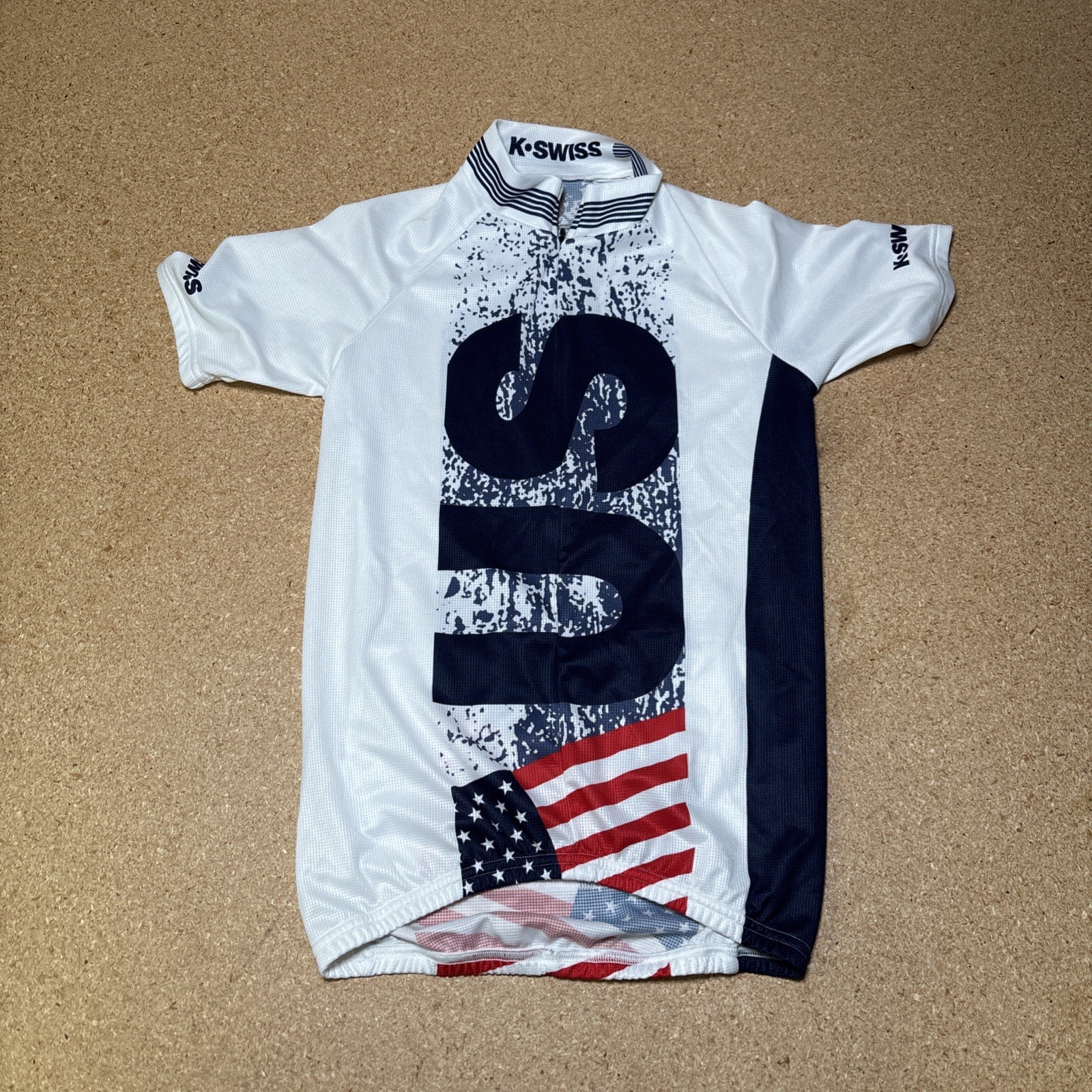 K-Swiss USA Kwick Dri White Red Blue Short Sleeve Cycling Jersey Womens Small I2
