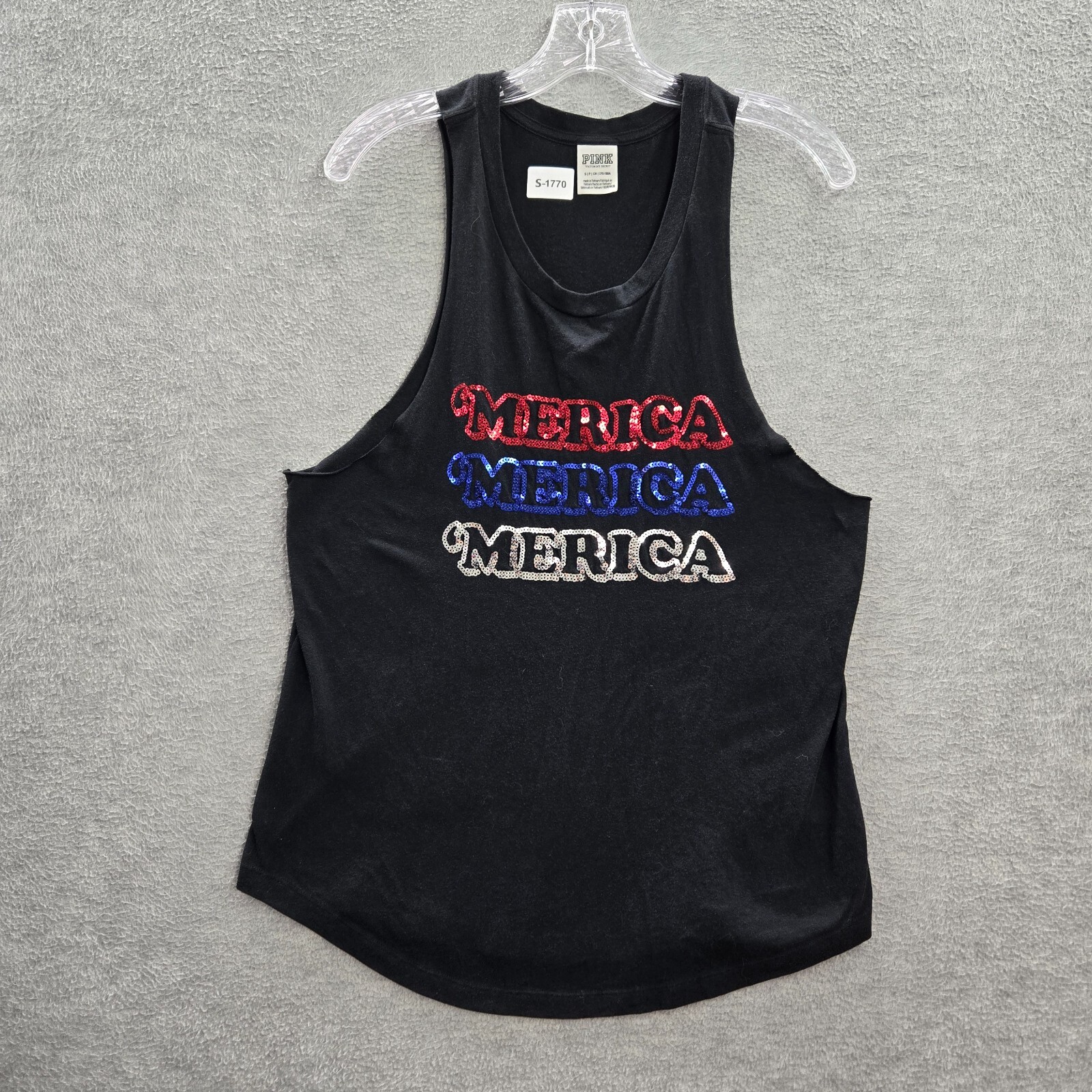 PINK Victoria’s Secret Women Activewear Top Small Black Tank Sequin Merica