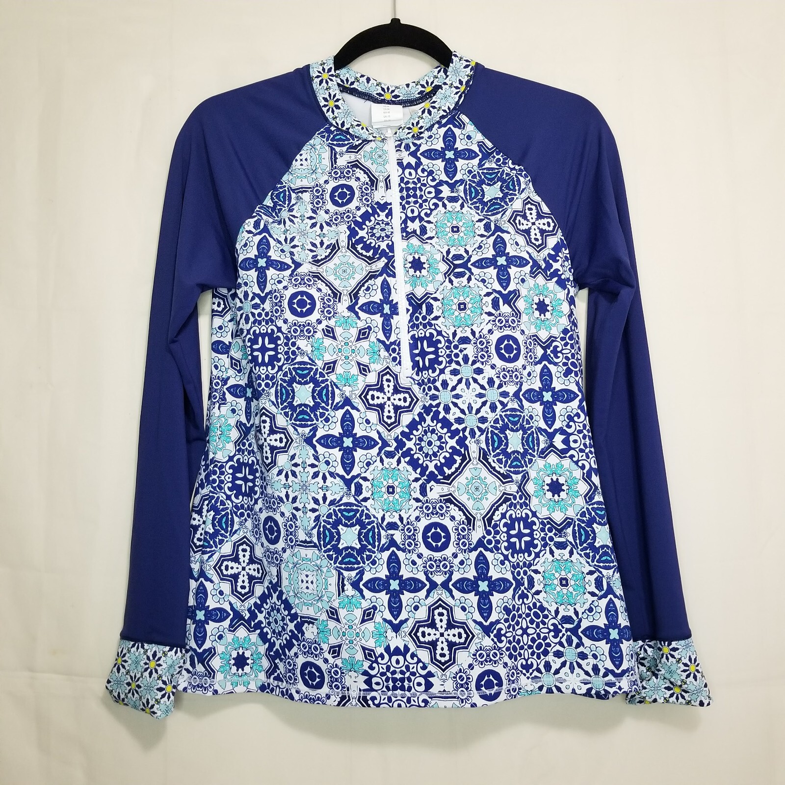 24th and Ocean womens rash guard top blue tile size M 1/4 zip long sleeve swim