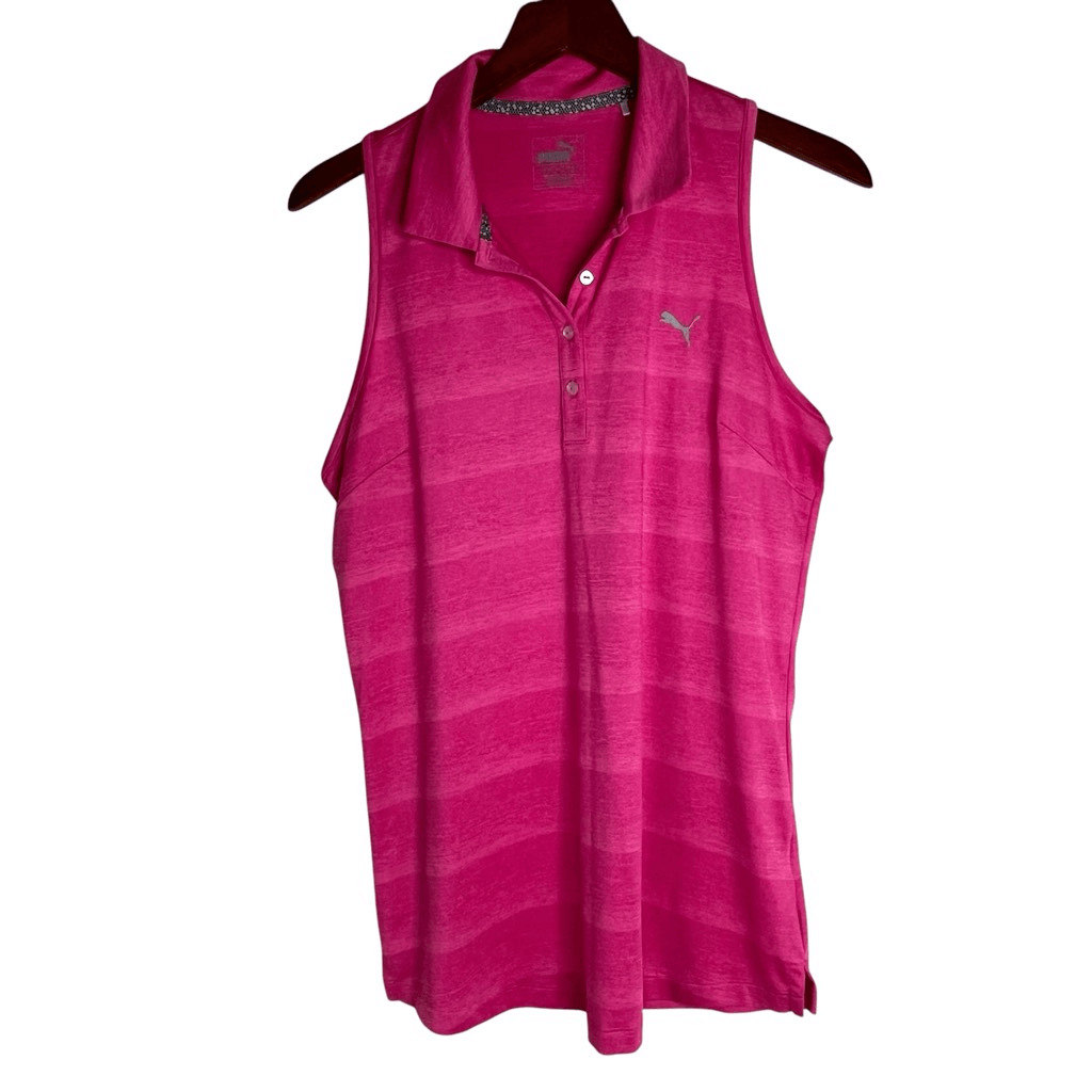 Puma Womens Striped Collared Racerback Sleeveless Polo Athletic Top Pink Large
