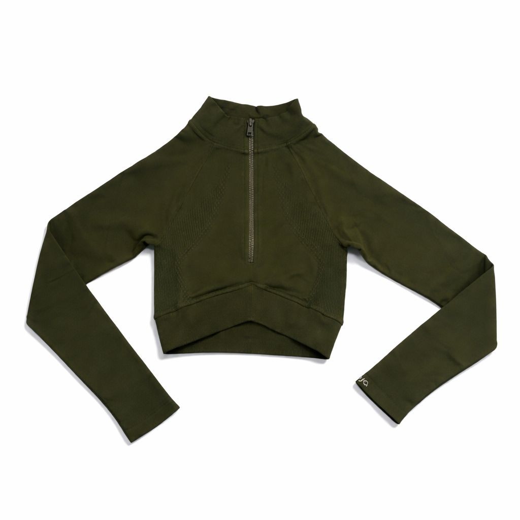 Joja Exhale Long Sleeve Quarter Zip Crop Top Women’s Small Army Green Seamless