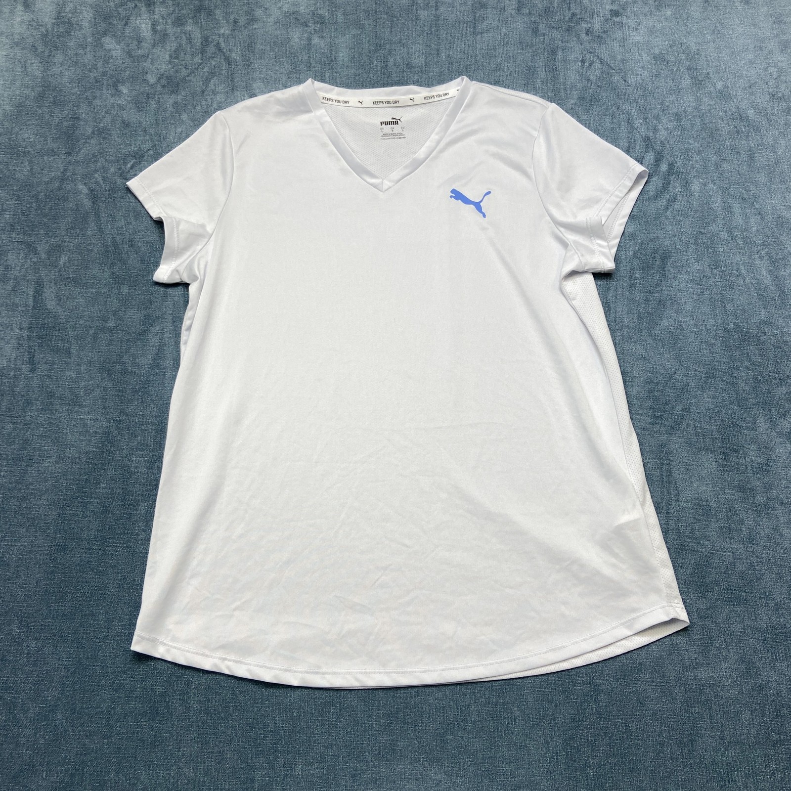 Puma DryCELL Training Shirt Womens Large Bright White Logo Mesh V Neck Athletic