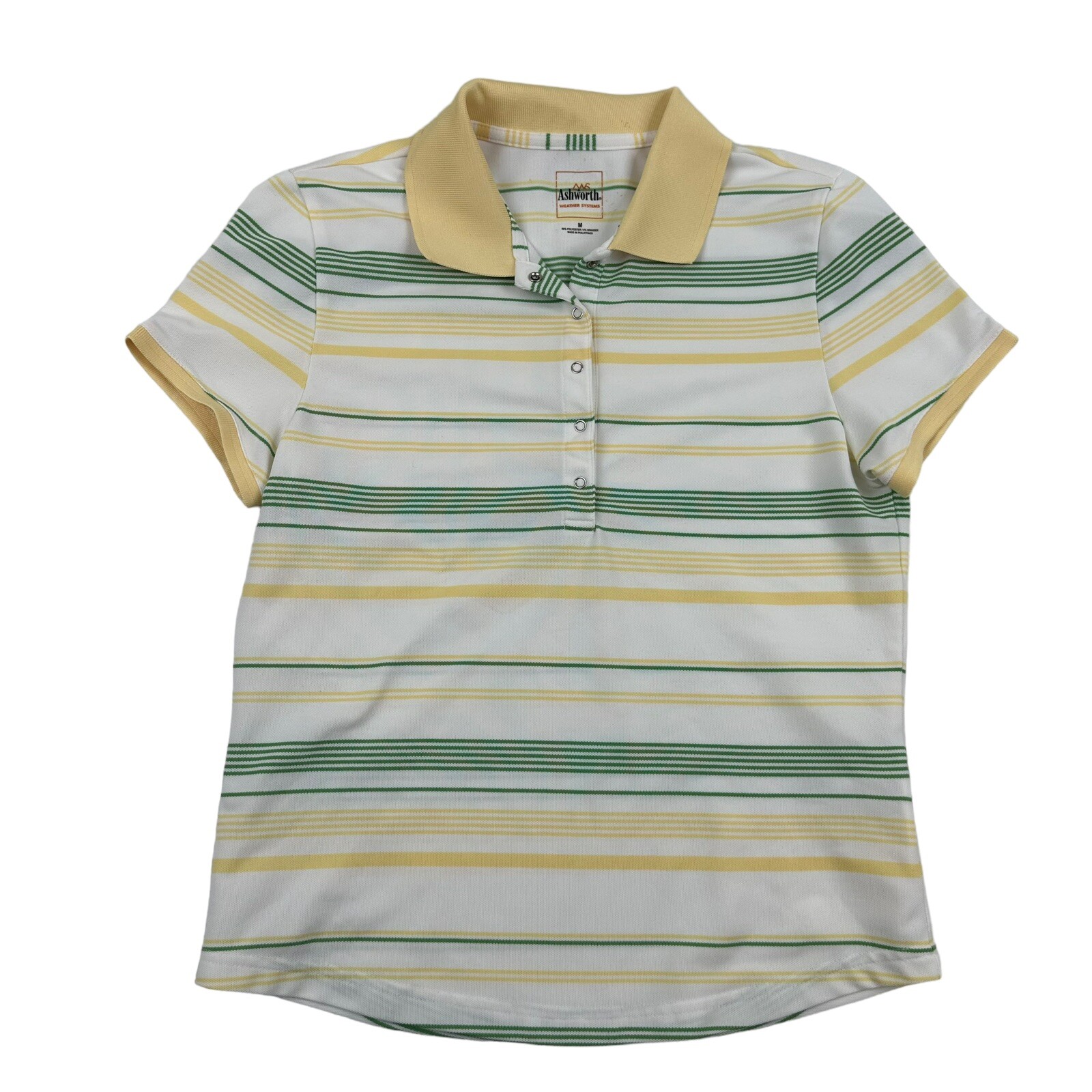 Ashworth Weather Systems Womens White Green Yellow Striped S/S Polo Shirt Sz M