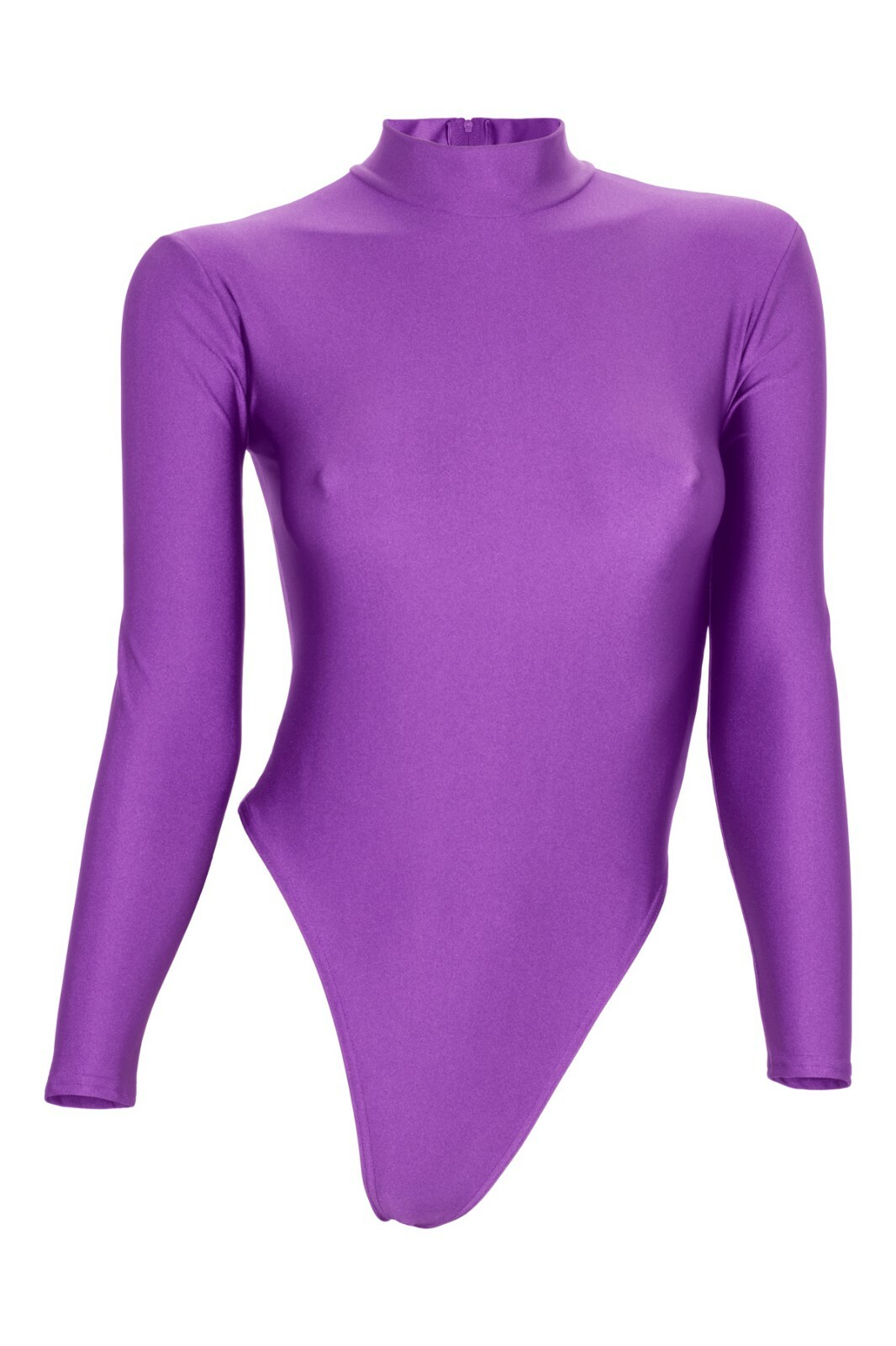 Women’s string body long sleeves back zip purple leotard stretch shiny shiny