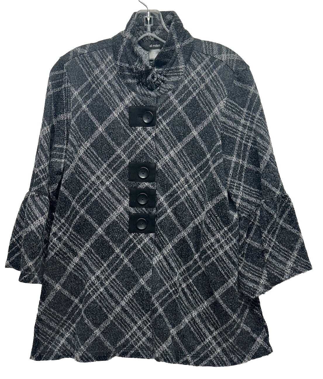 Ali Miles Womens Size M Gray 3/4 Sleeve Button Down Plaid Top (M7)