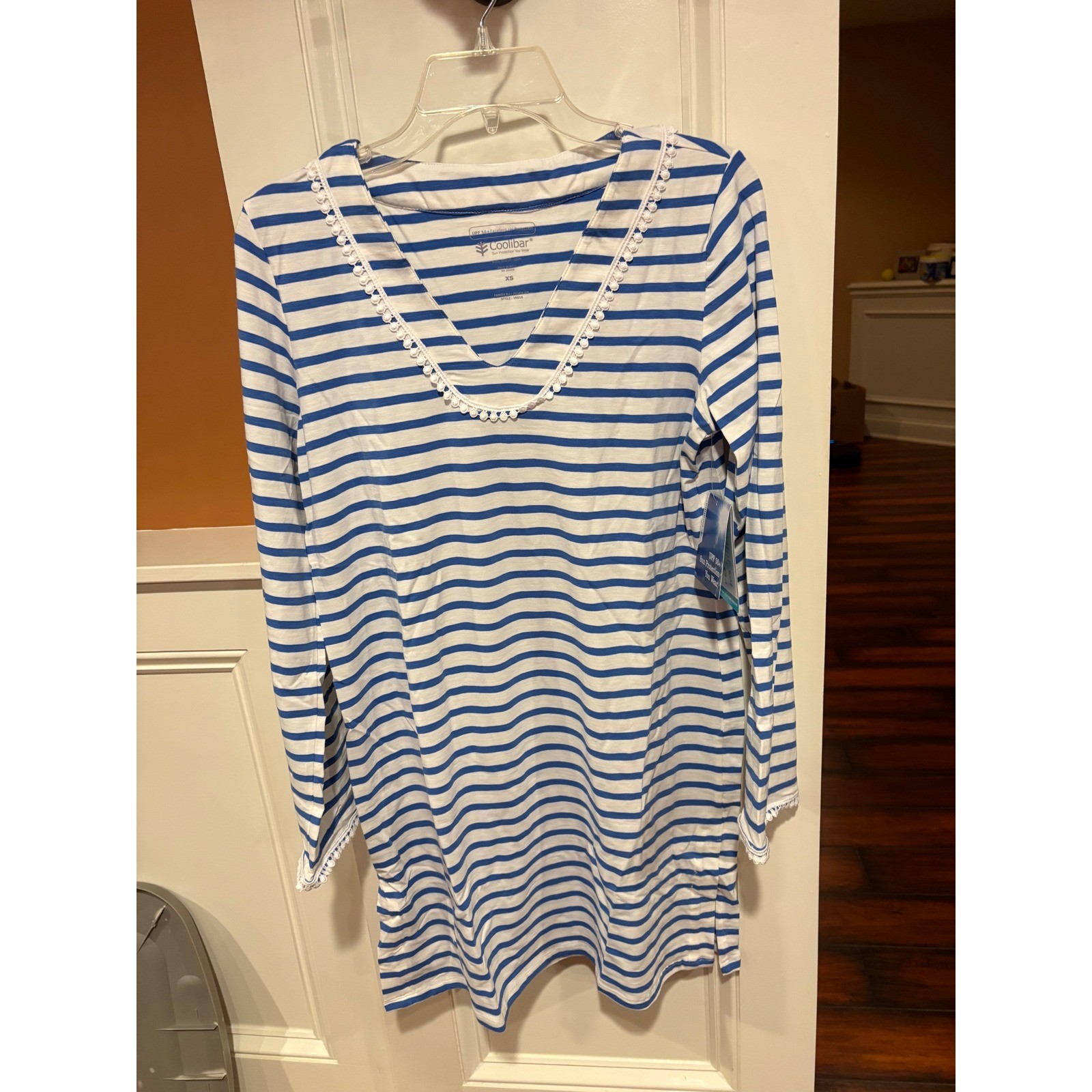 Coolibar Women XS Blue White Striped Long Sleeve UPF 50 Sun Protection Cover Up