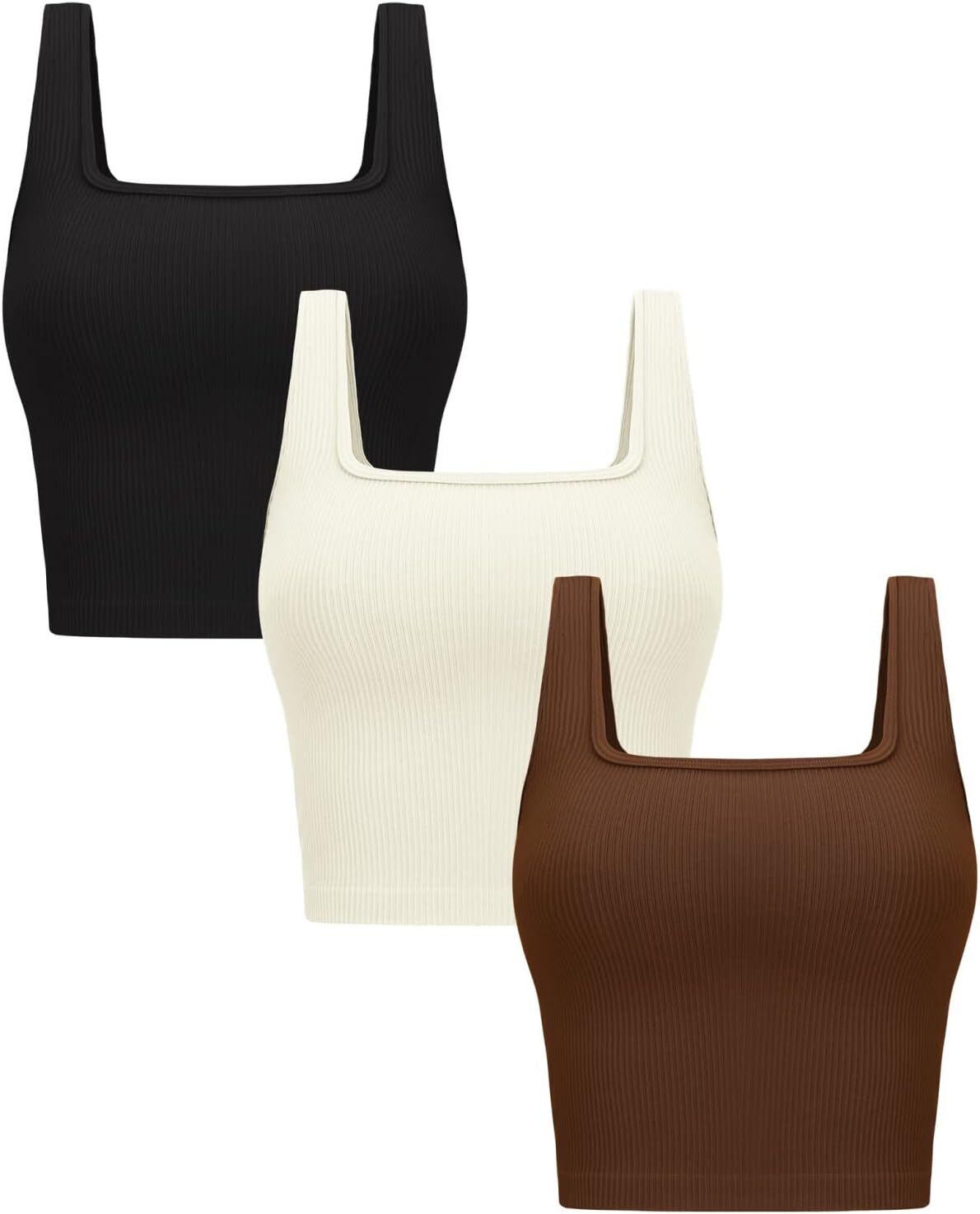 Womens 3 Pack Crop Tank Tops Basic Seamless Ribbed Sleeveless Square Neck Top