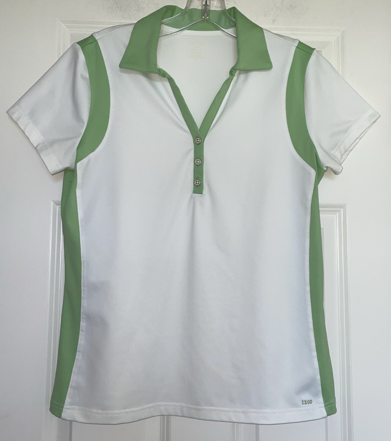 Izod Cool Fx Short Sleeve White Green 1/4 Button Top Women Size M Golf Tennis