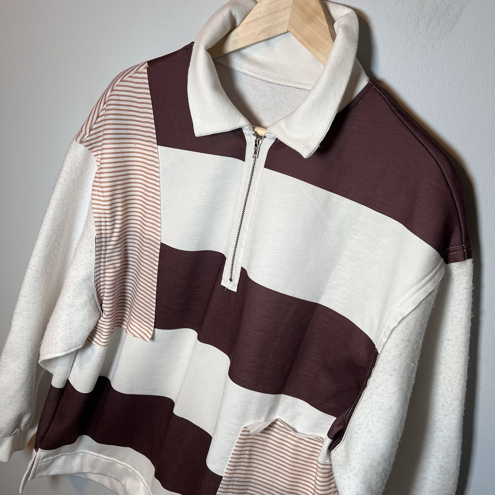Patchwork-style Rugby Polo 1/4 Zip Collar Shirt Women’s XL Fleece Sleeves
