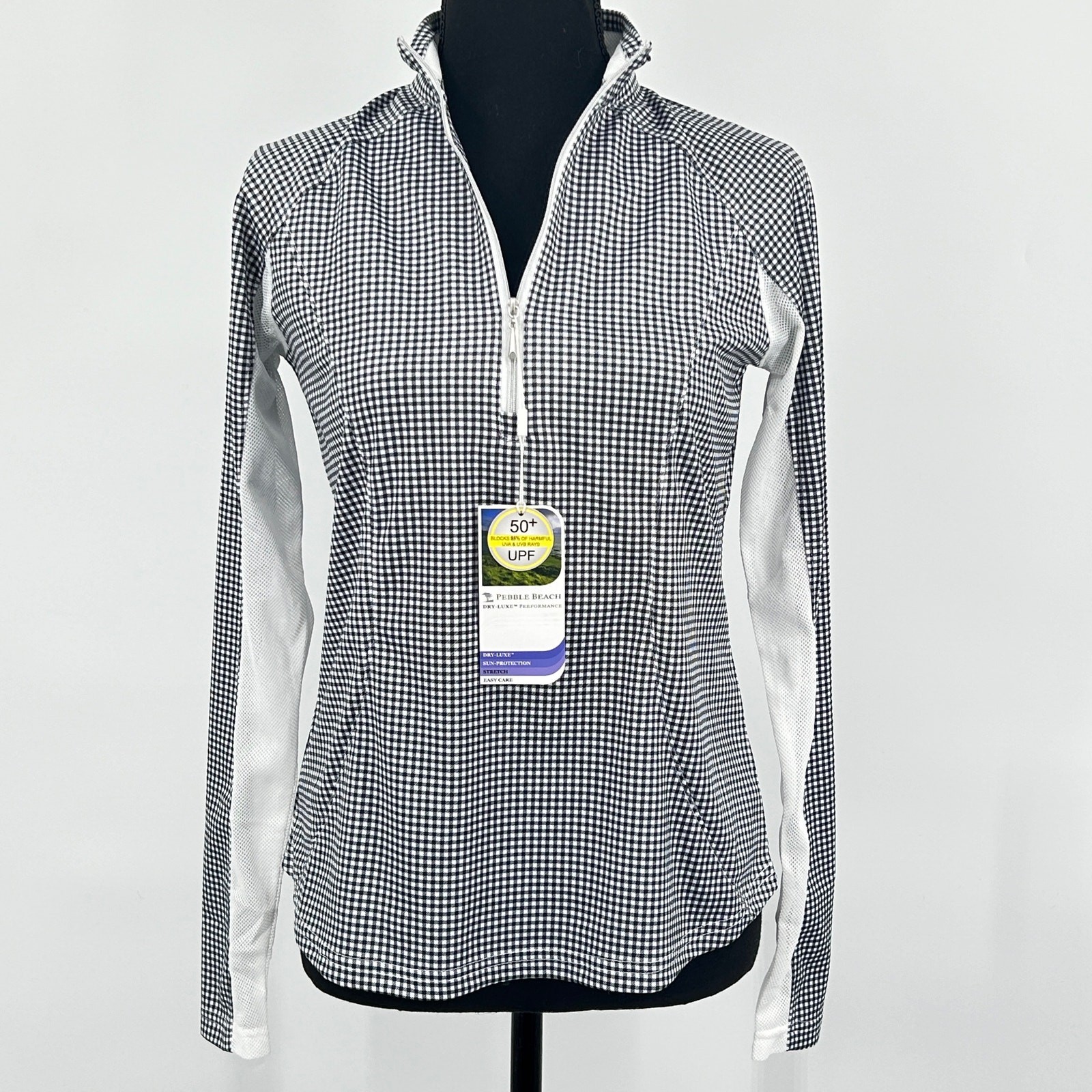Pebble Beach Golf Pullover Shirt Womens Long Sleeve 1/4 Zip Gingham White XS NWT