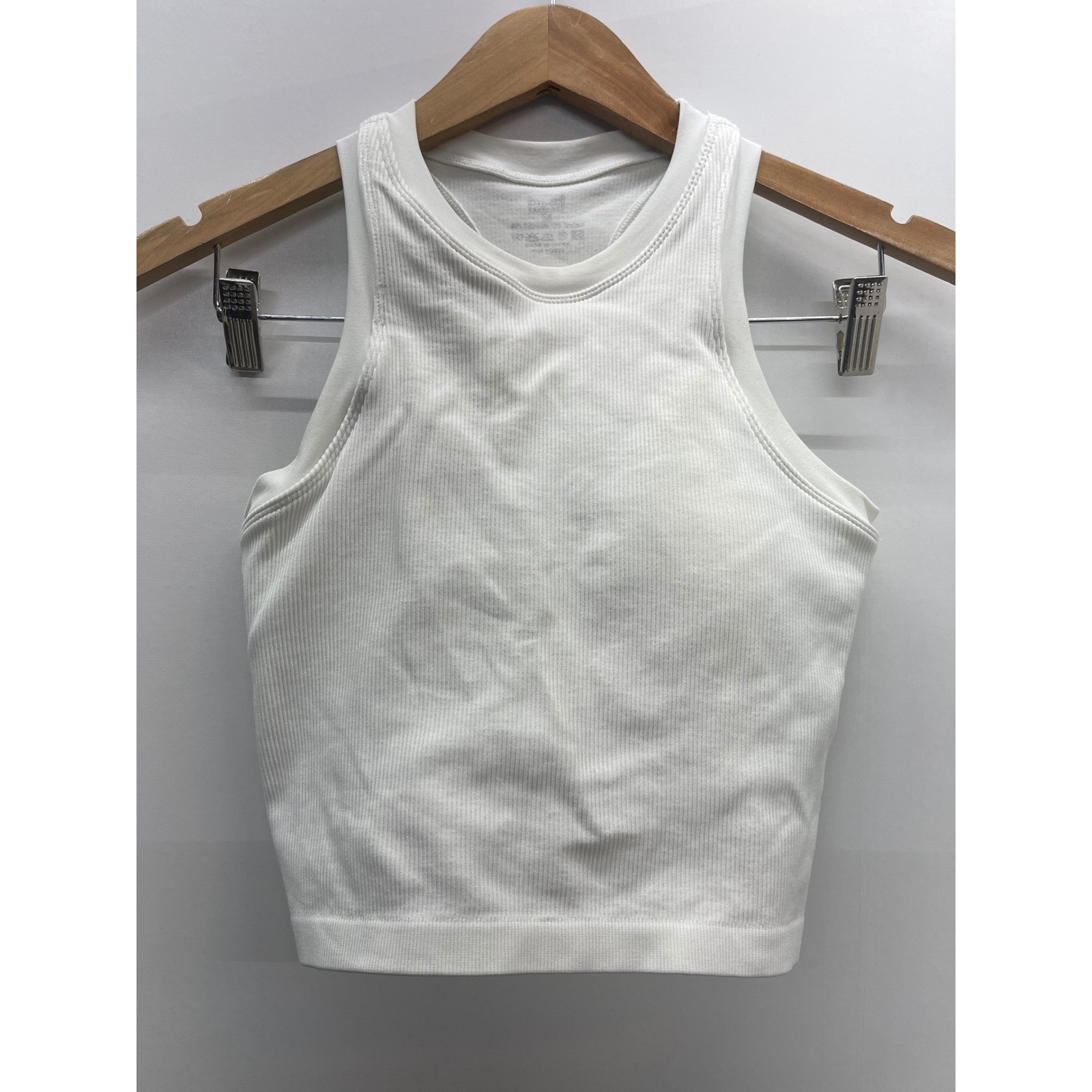Bo+Tee Women White Ribbed Seamless Racerback Crop Tank Top Size M Gym Athleisure