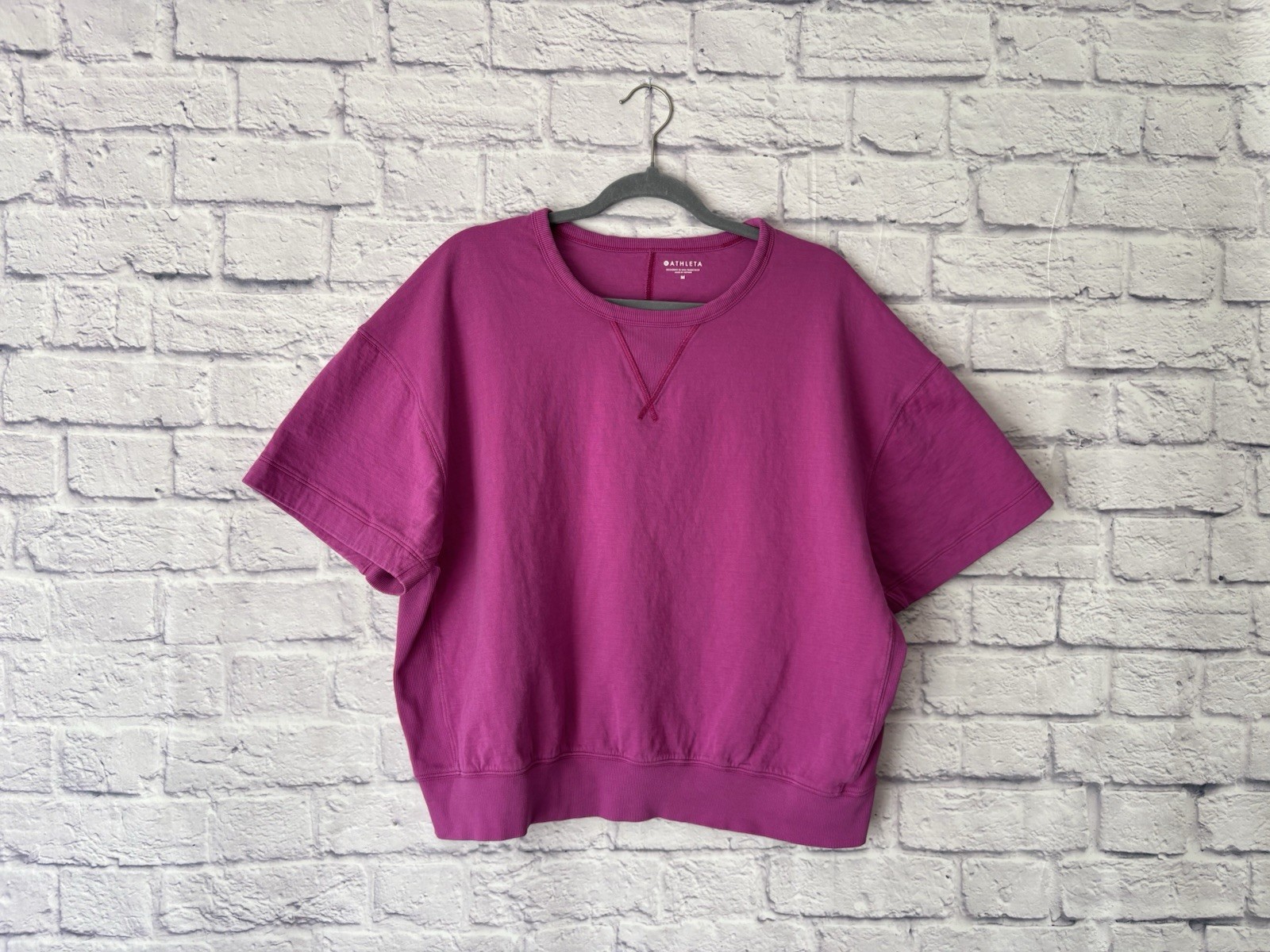 Athleta Short Sleeve Sweater Shirt Magenta Oversized M Warm Up