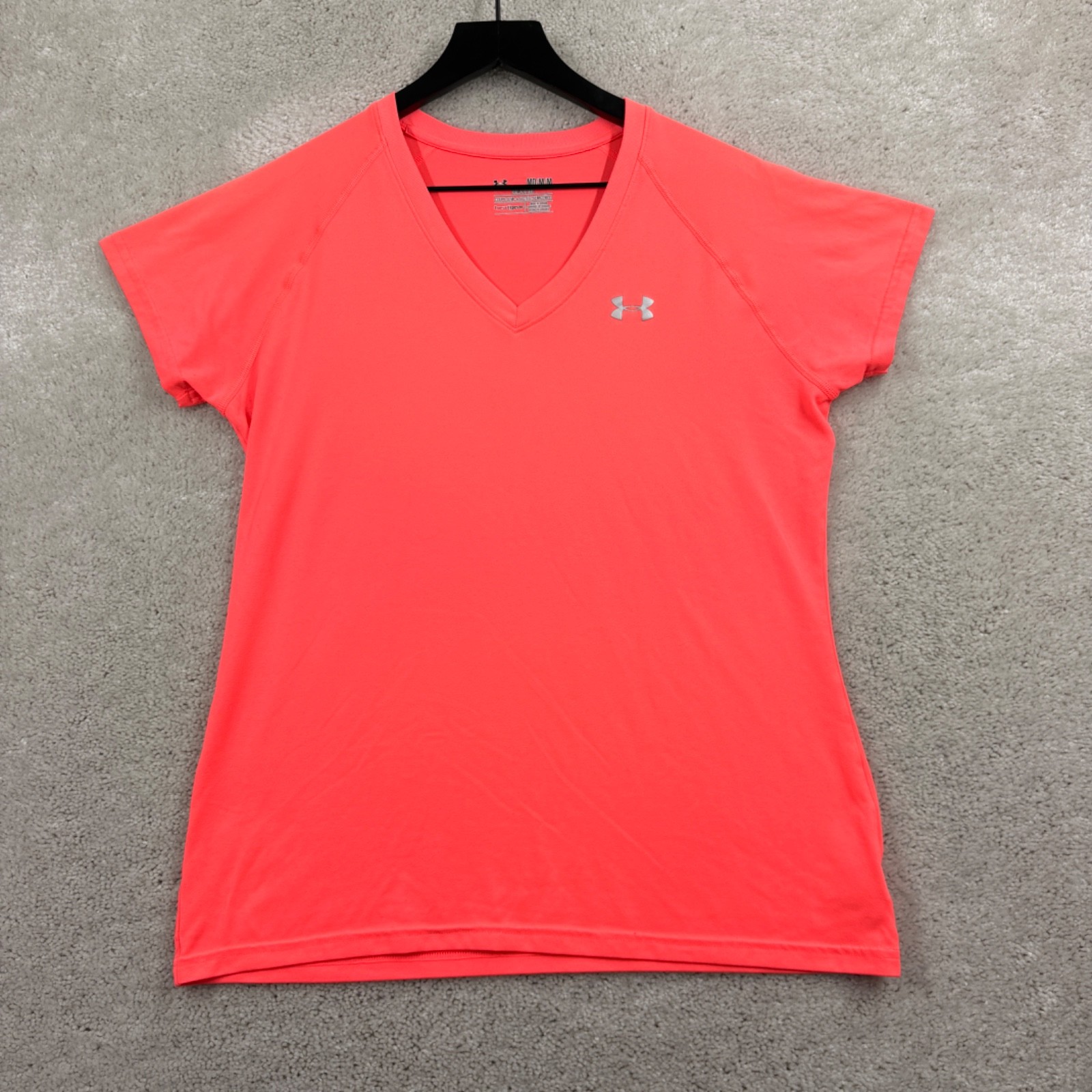 Under Armour Shirt Womens Size Medium Semi Fitted Pink Short Sleeve V Neck Run
