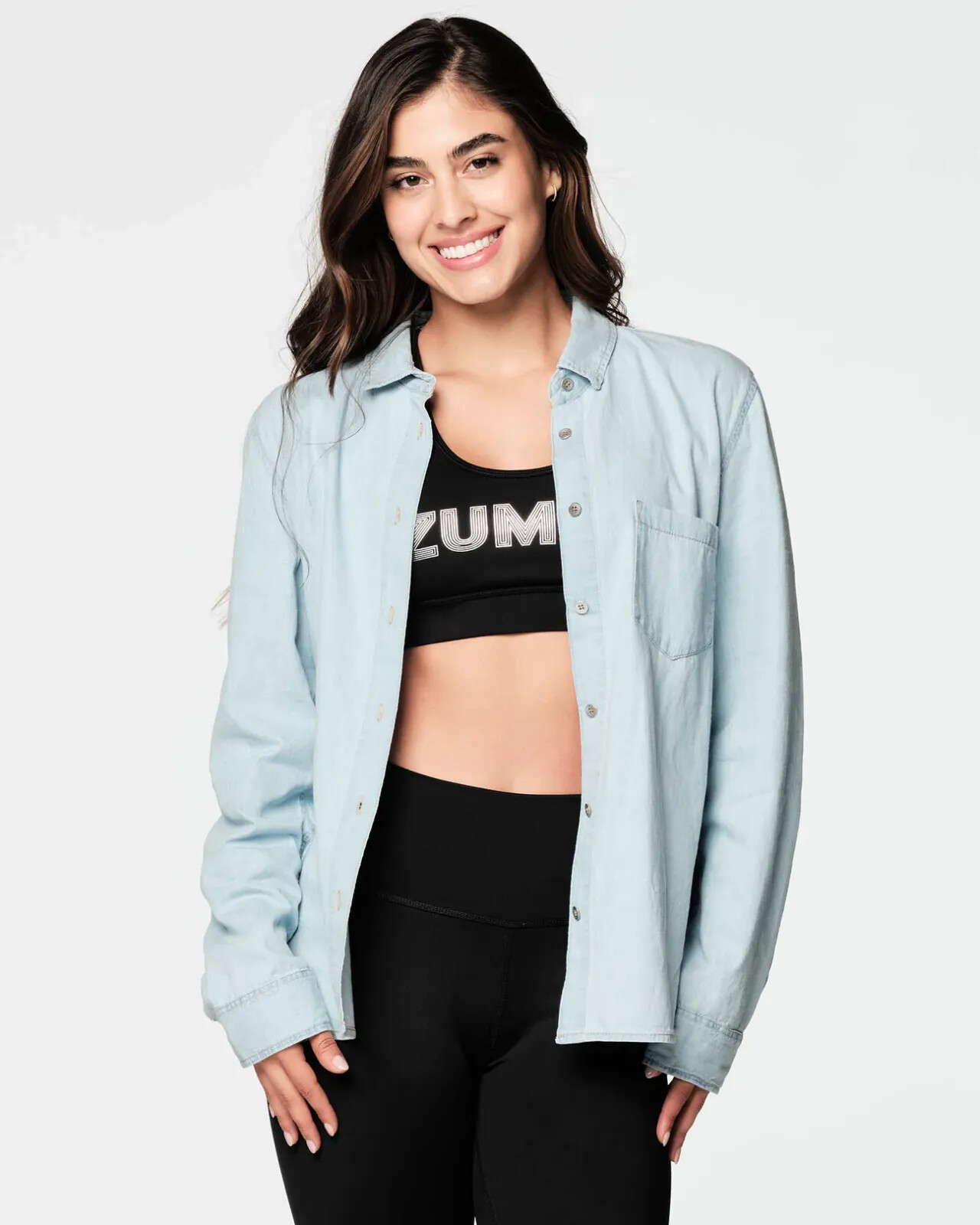 Zumba Shine Button Down Shirt – Denim – XS S M L XL XXL ~ New! Free Ship!
