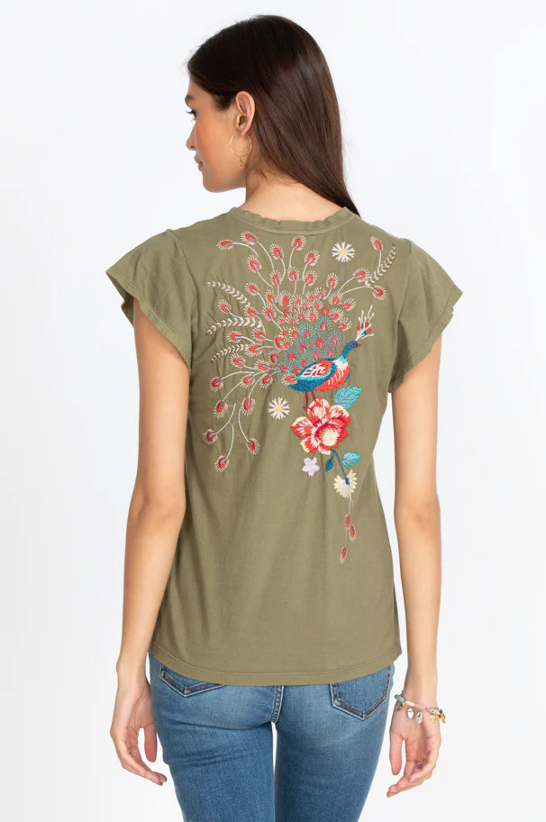Johnny Was Grace Flutter Sleeve Tee Black Shirt Floral Embroidery Top NEW