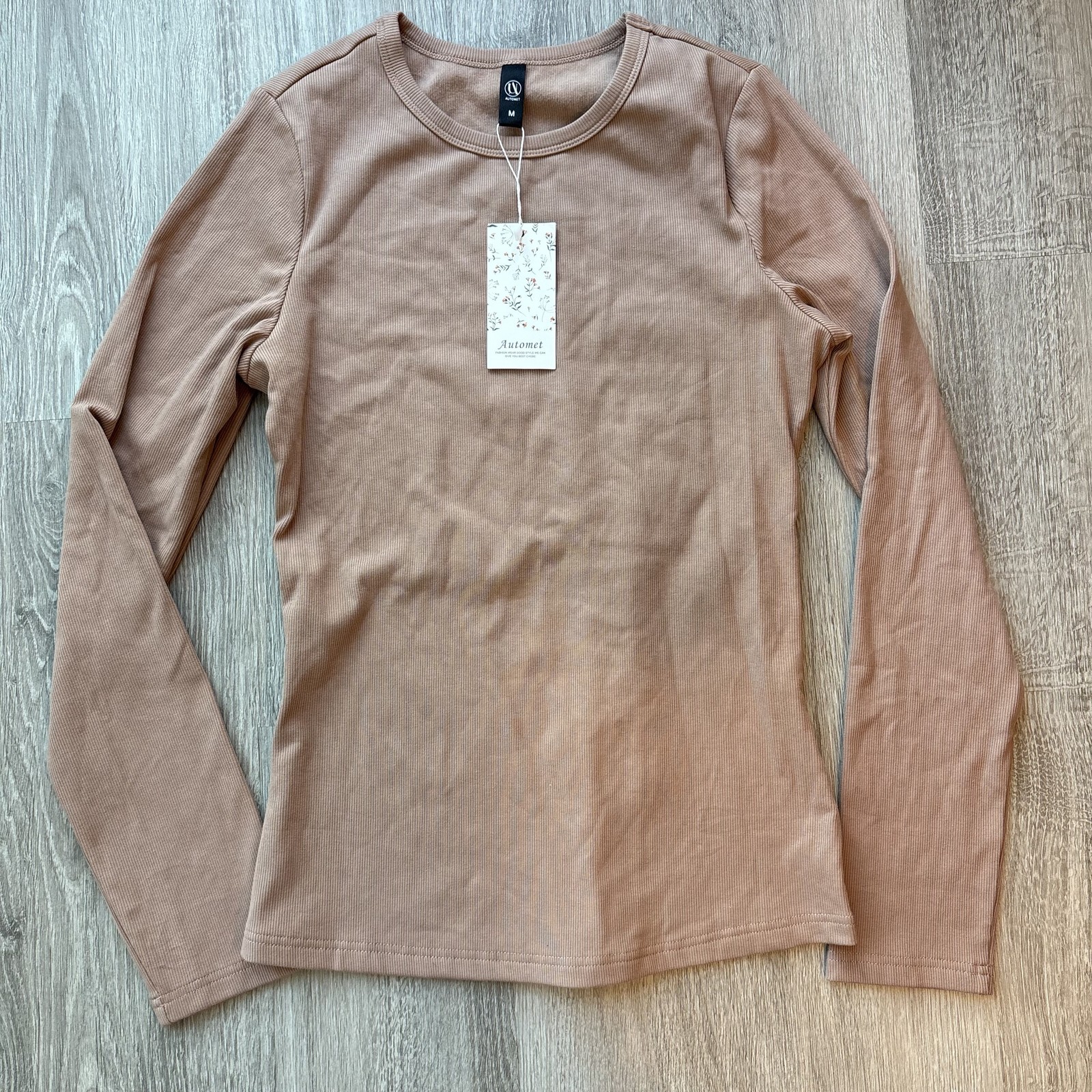 Automet Women’s Ribbed Long Sleeve Top M Beige Crew Neck Stretch