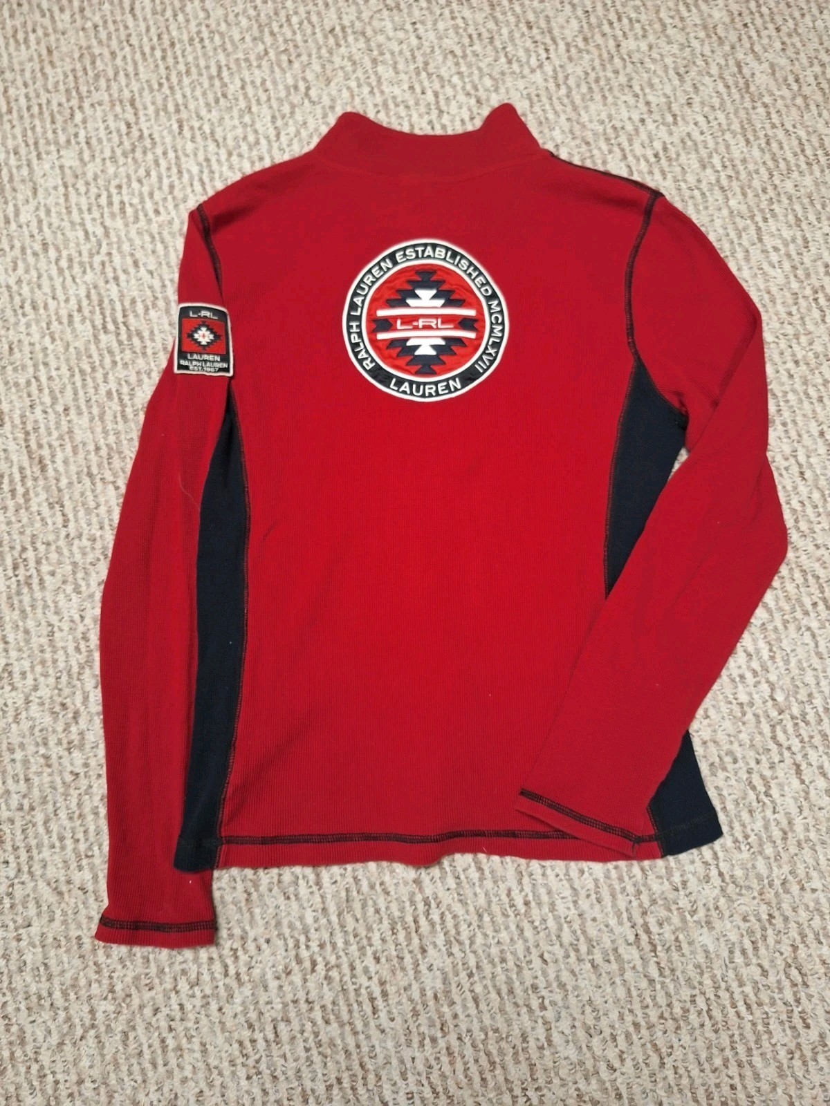 L-RL Lauren Active Ralph Lauren Women’s L Thermal 1/4 Zip Red Waffle Knit Aztec
