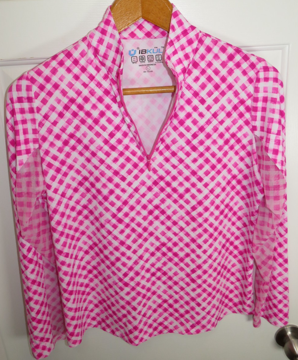 Ibkul 1/4 Zip Icefil Performance Vented Top Hot Pink/White Gingham Size LG