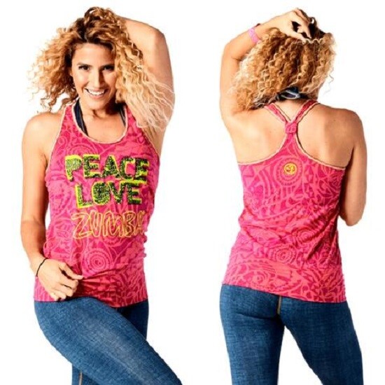 Zumba Throwback Peace Love Bubble Tank Top – Fuchsia Pink – XS/S M/L ~ New!
