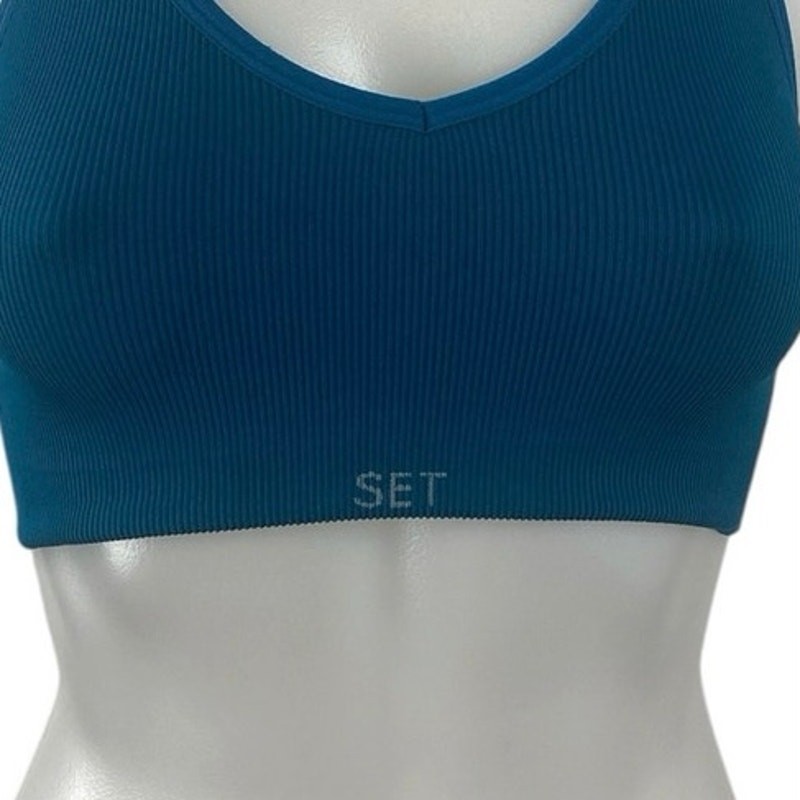 Set Active Blue Ribbed Knit Yoga Workout Athletic Sports Bra Crop Top Size S