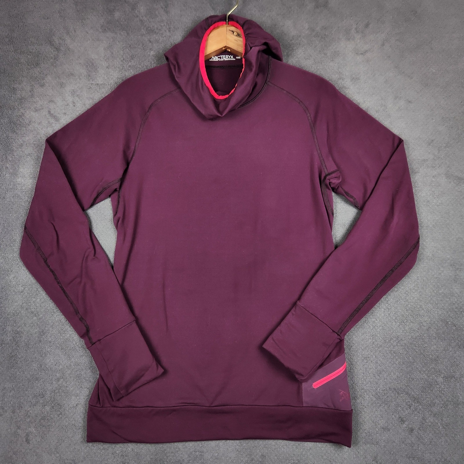 Arcteryx Vertices Hoody Womens Small Purple Scuba Hood Thumbhole Base Layer