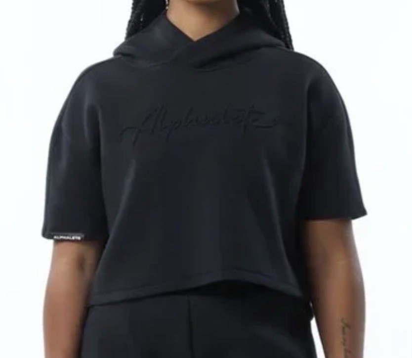 Alphalete Woman’s Large ELMTS Short Sleeve Crop Hoodie Black Pants Athleisure