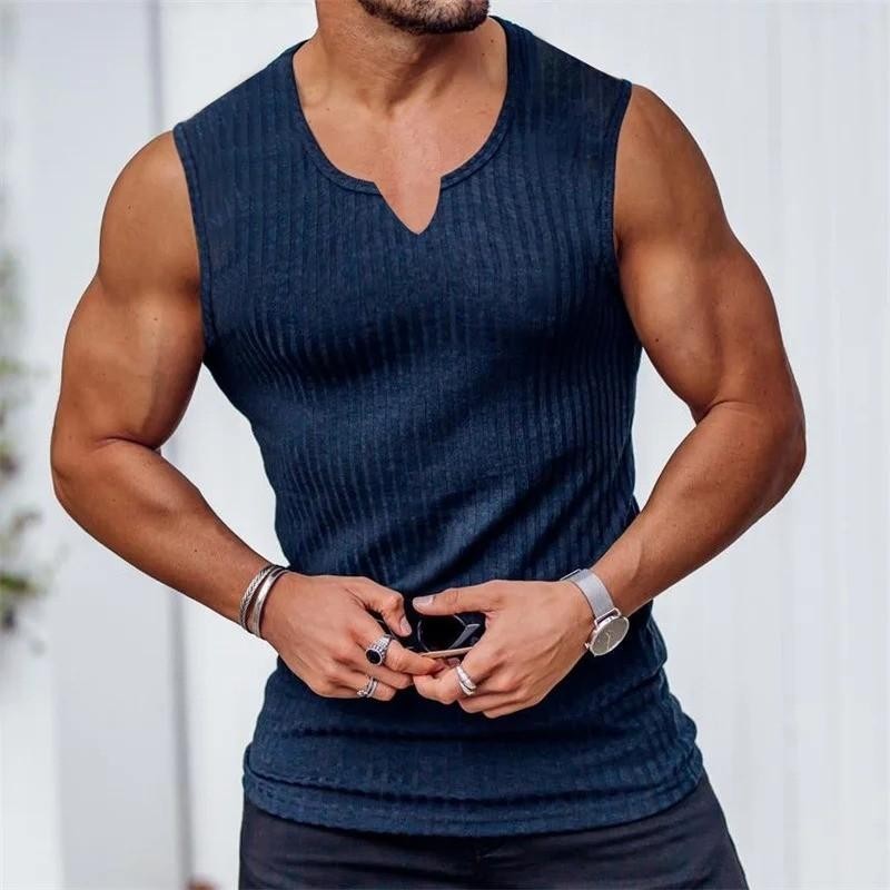 2025 Summer New Men V-neck Vest Stripe Gym Tank Top Men Fitness Sleeveless Shirt
