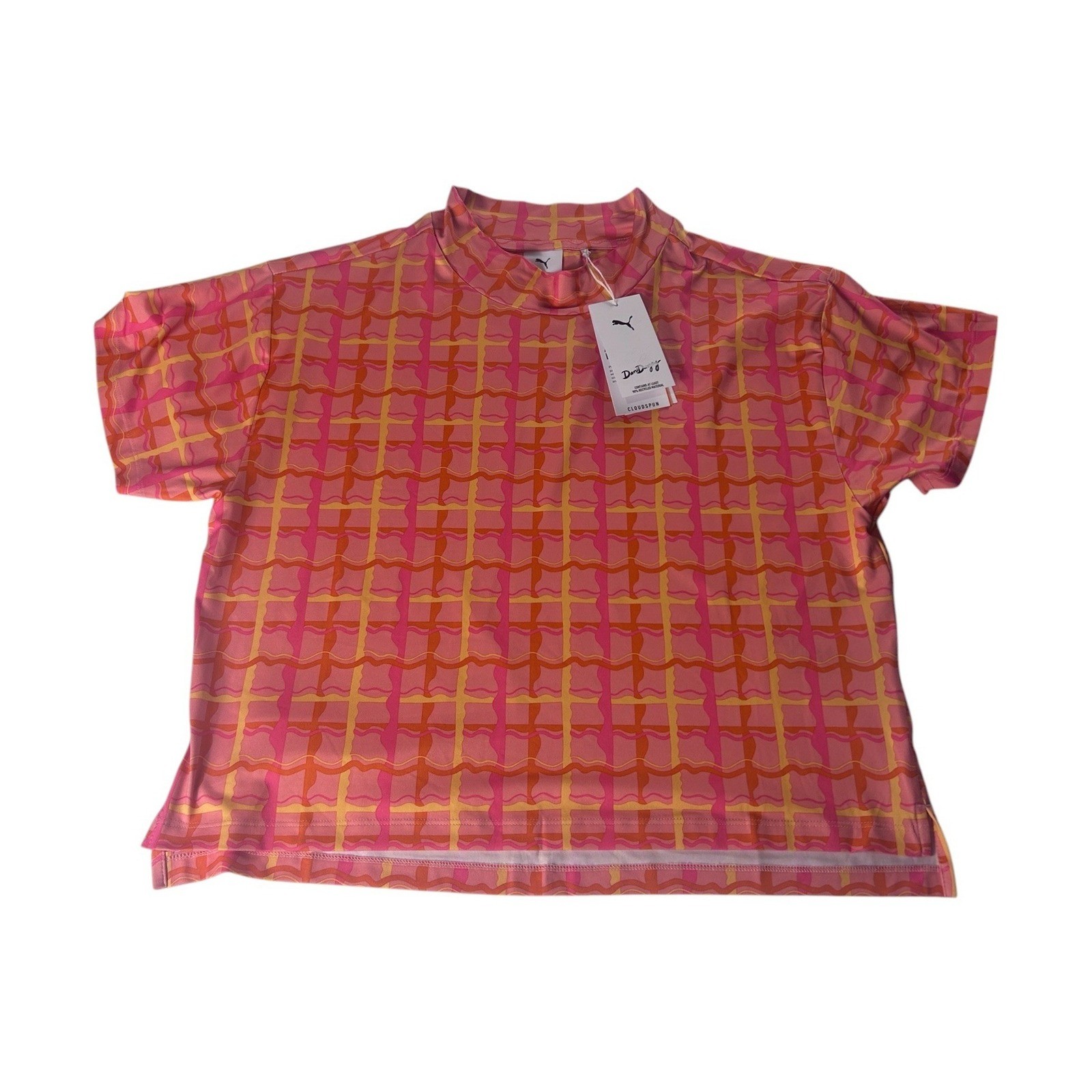 Puma x Dani Dazey Womens Cloudspun Mock Neck Top Pink Fruit Plaid Medium NWT