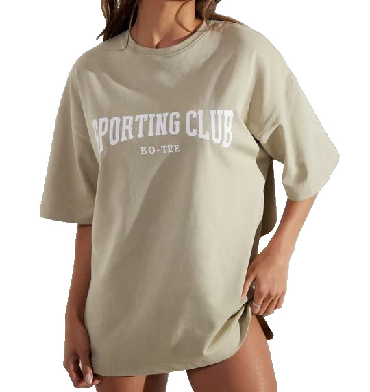 BO+TEE SOCIETY SPORTING CLUB LIMESTONE BEIGE OVERSIZED TEE T-SHIRT TOP L/XL NWTs