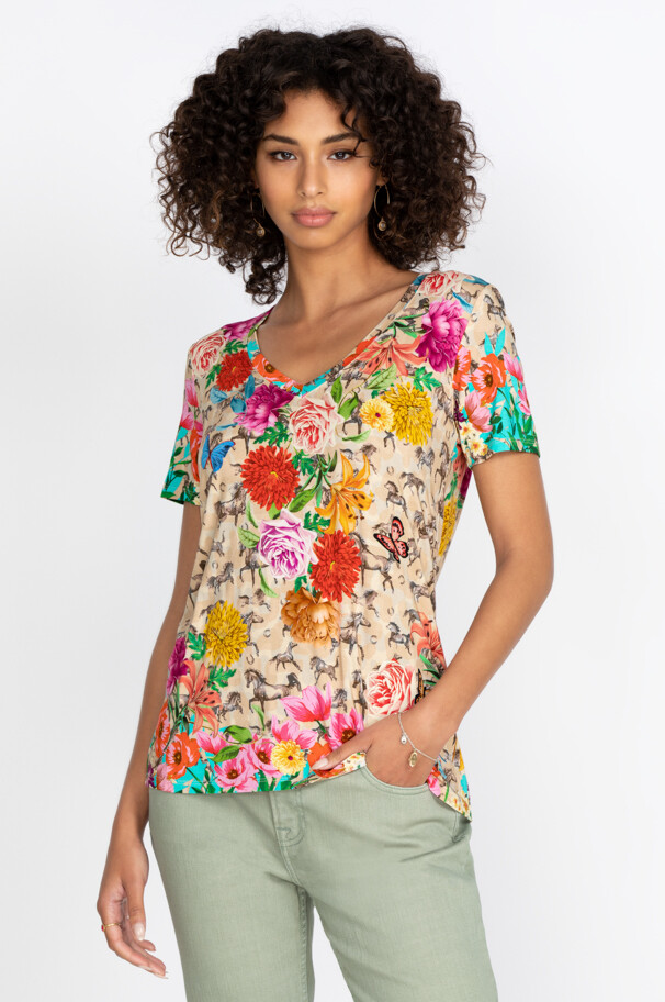 Johnny Was LACE GARDEN FAVORITE S/S V-NECK TEE TOP Blouse Shirt MEDIUM PINK NEW