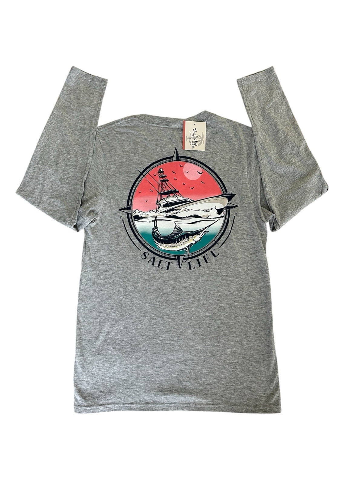 Salt Life Women’s Maritime Marlin Long Sleeve V-Neck Tee Gray New