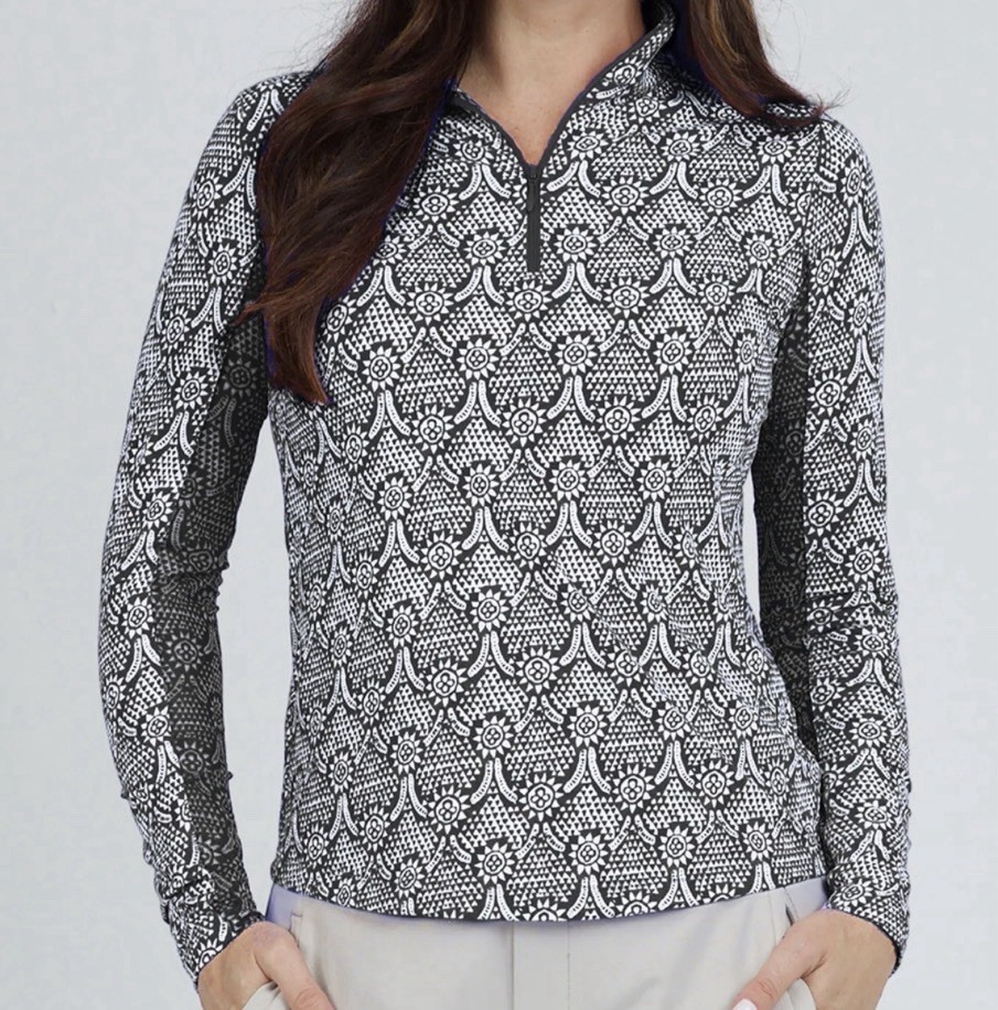 NEW IBKUL LESLIE Black & WHITE Long Sleeve Mock Golf Shirt Medium