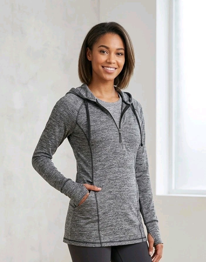 CABLE & GAUGE M Women’s Gray Heathered Hooded Tunic Top 1/4 Zip Stretch