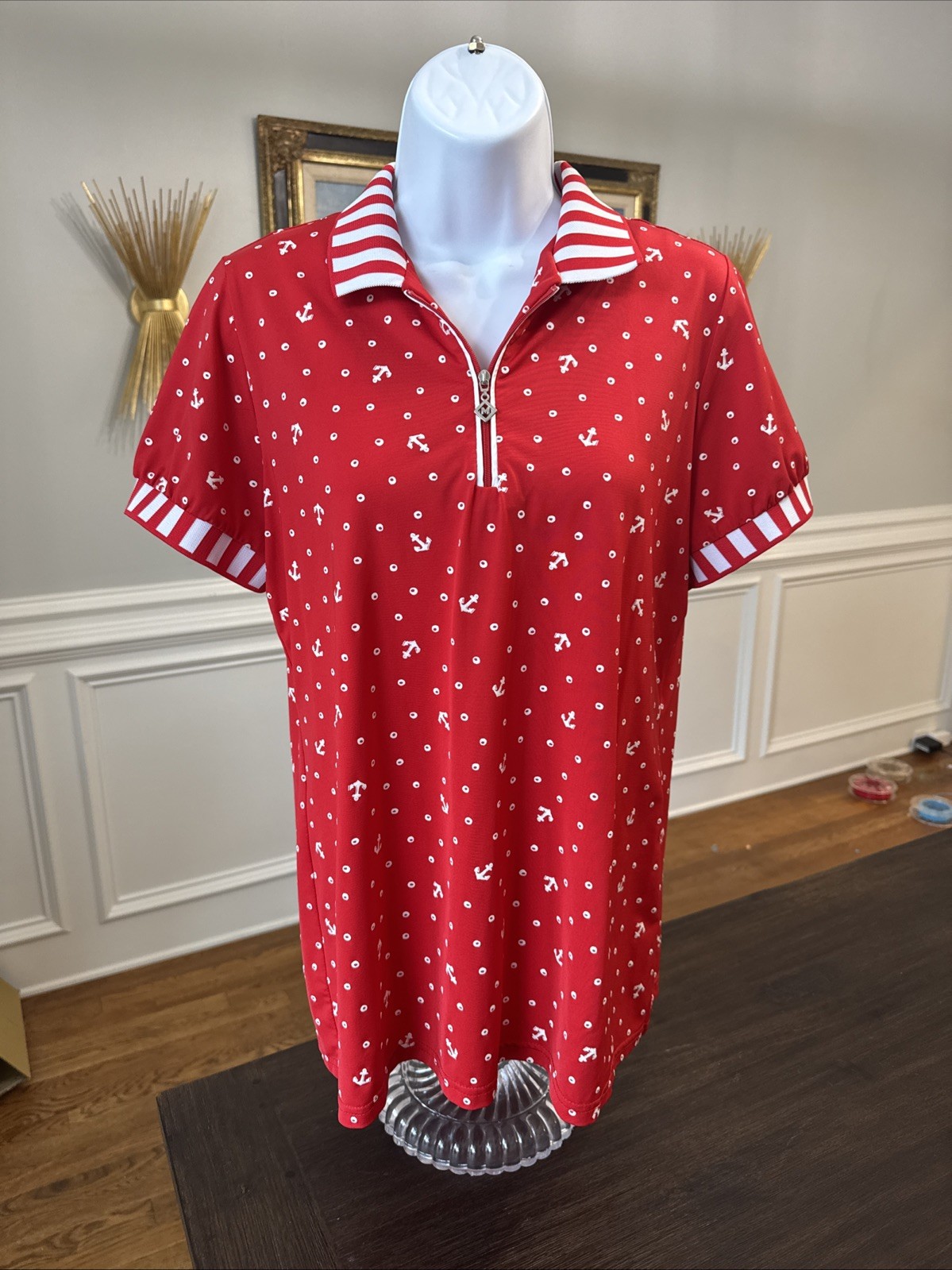 WOMAN’S – GOLF – 1/4 ZIP UP – Red And White Anchor Ship – See Measurements
