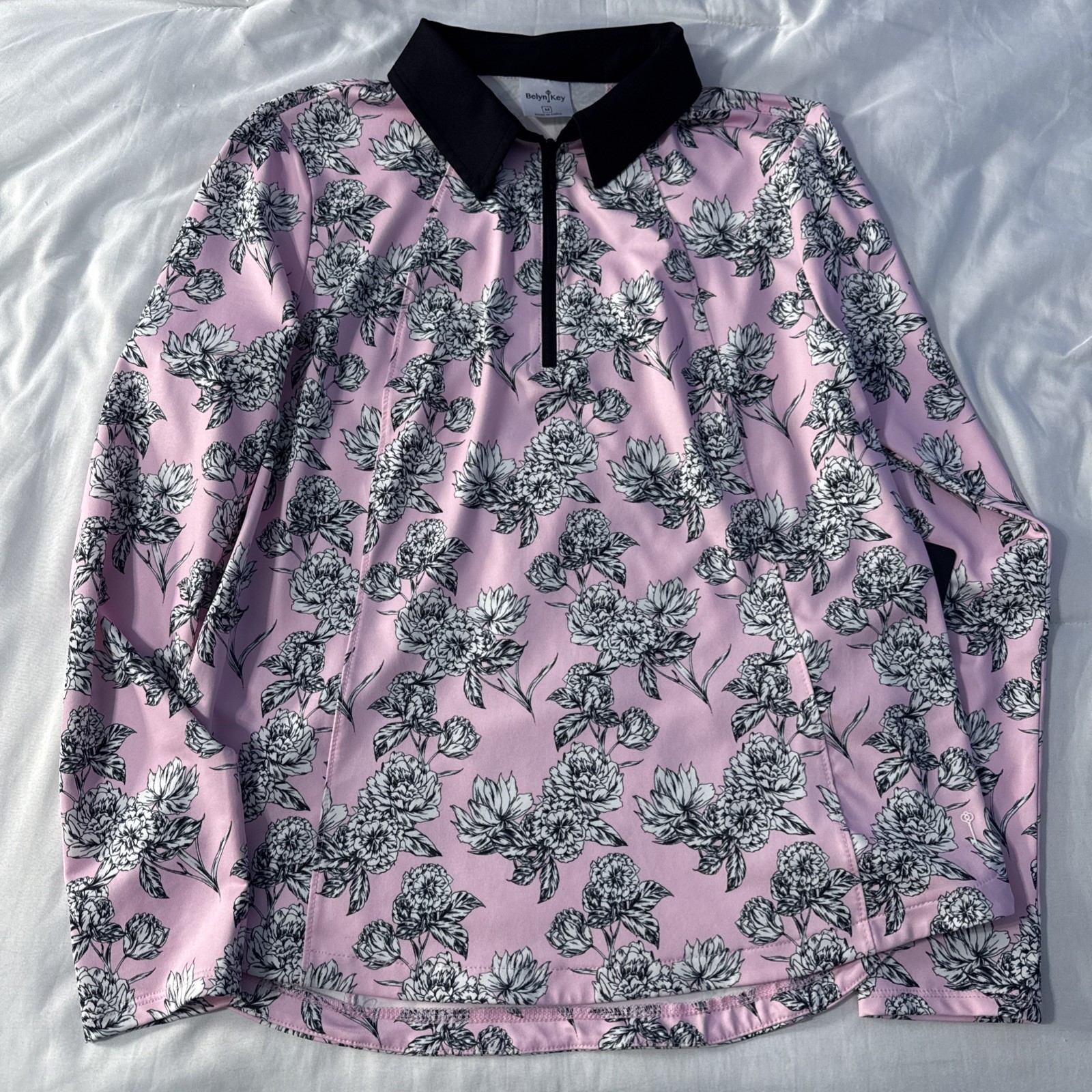 NWT BELYN KEY Pink Black Audrey Floral Gracie Long Sleeve Golf Shirt M UPF 50
