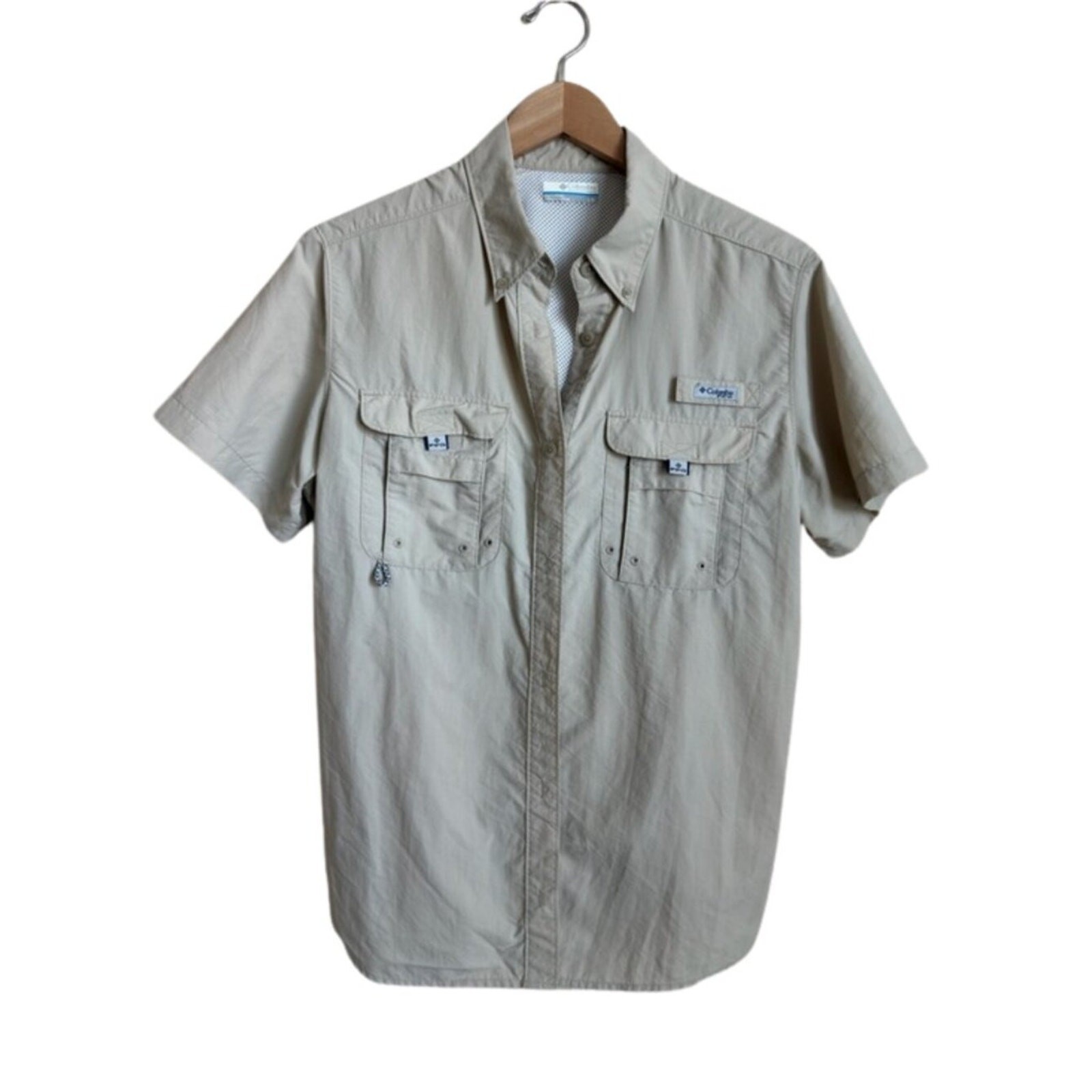 Columbia PFG Bahama II Short Sleeve Fishing Shirt Mens L Khaki Tan Nylon UPF