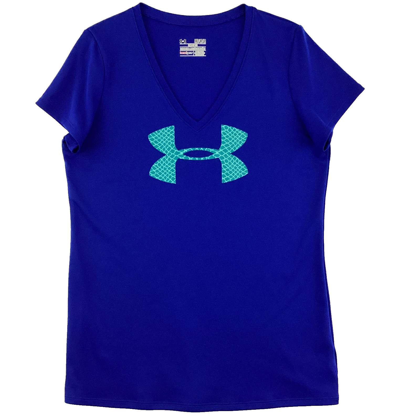 Under Armour Womens Medium Semi Fitted HeatGear Blue V Neck Shirt Logo Athletic