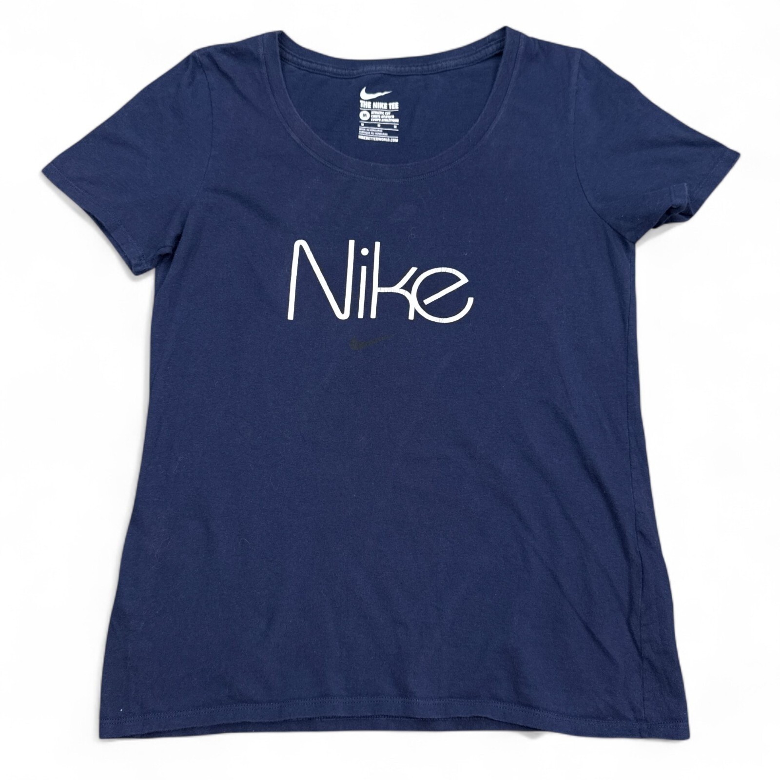Nike Tee Shirt Top Womens Size Medium Navy Blue Athletic Cut Big Logo Athleisure