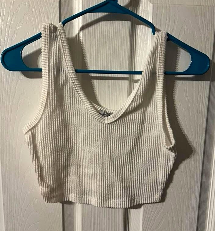 Women’s White Ribbed Knit Cropped Tank Scoop Neck Wide Strap Stretch Cotton S