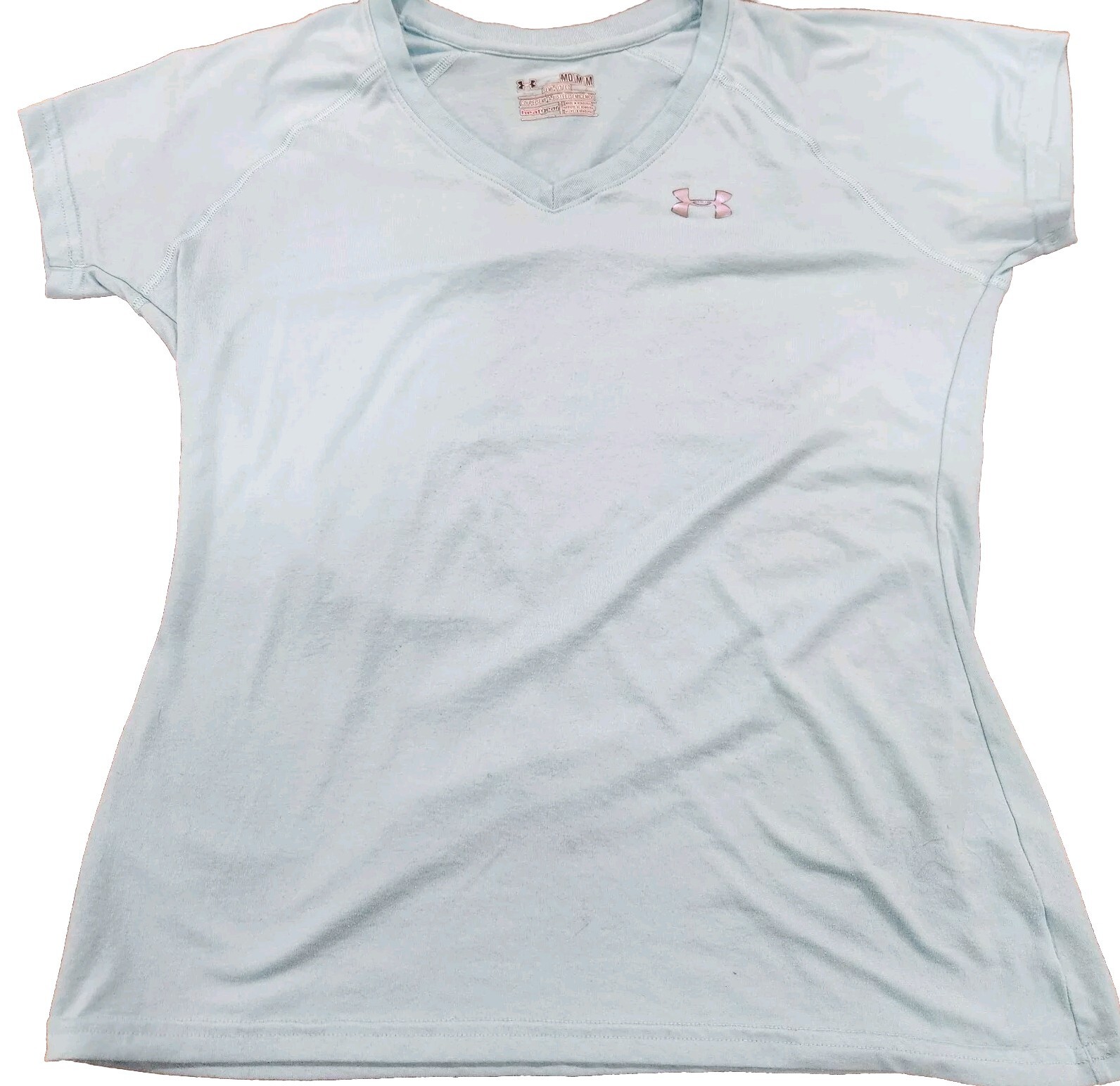 Under Armour Heat Gear Womens Semi-Fitted V- Neck Shirt Aqua Blue Medium Logo