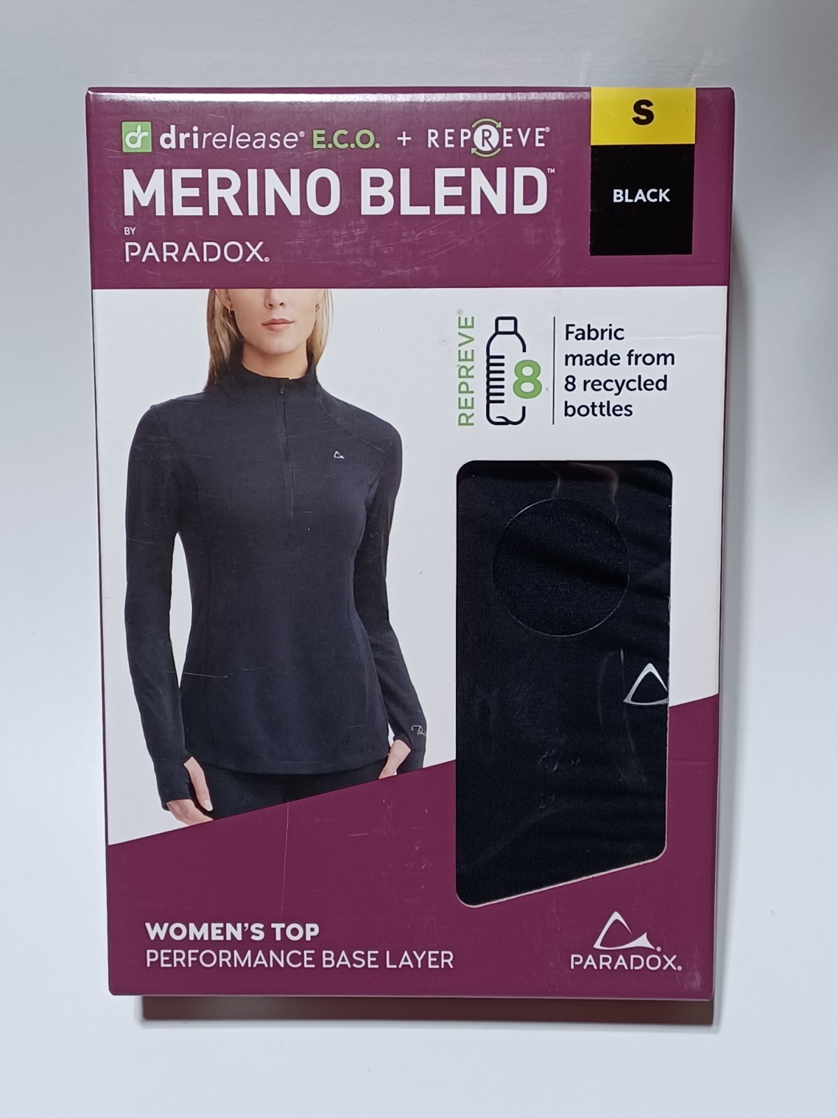 Paradox Merino Wool Blend Performance Base Layer Top Pick Size S M Black Purple