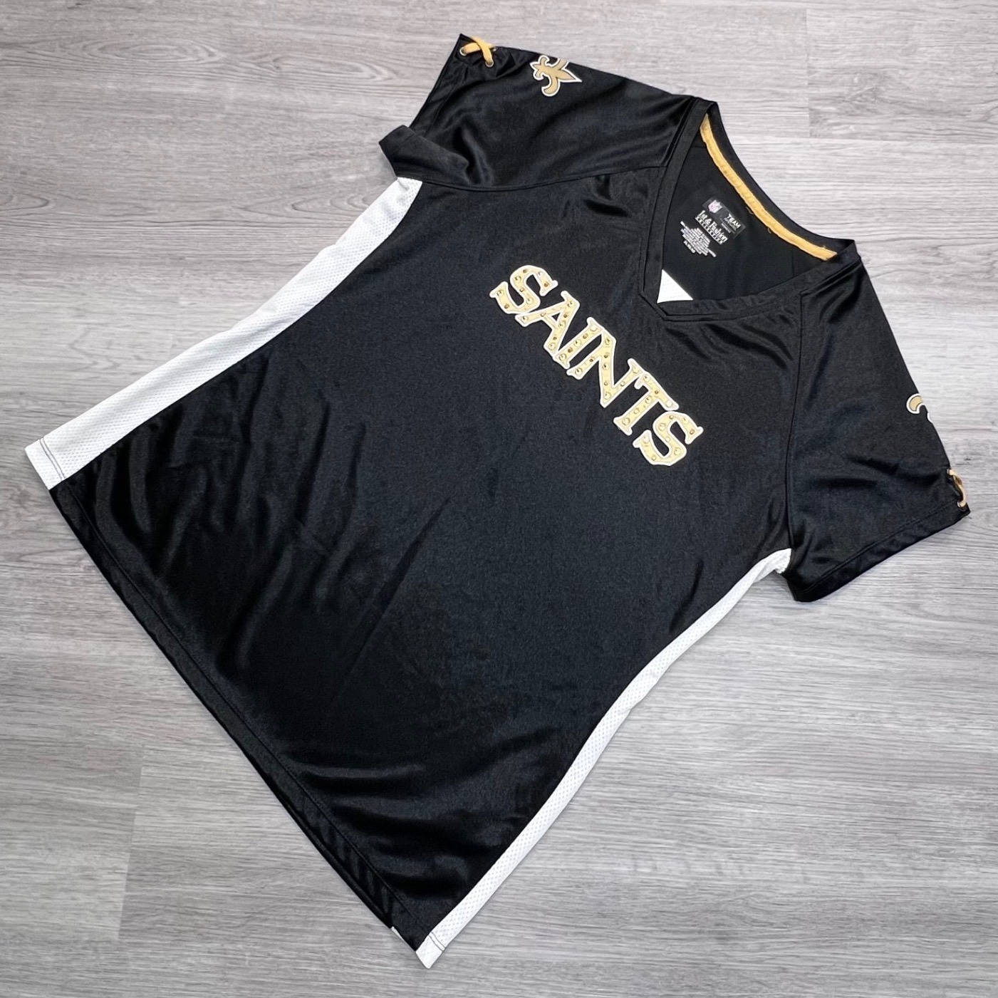 NFL Team Apparel New Orleans Saints Womens XL Black Gold Studded Jersey Shirt