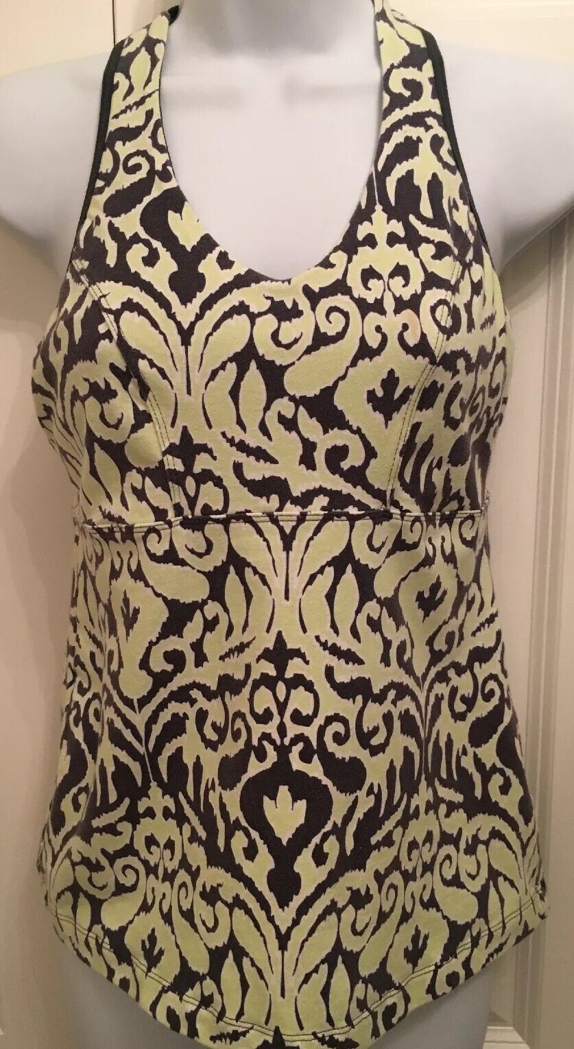 Womens MARIKA Athletic Racer Back Tank Top Size Small Gray Yellow Damask