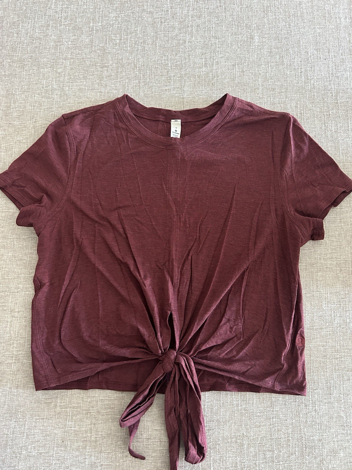 Lululemon Size 4 Plum Pima Cotton Stretch Tie Front Short Sleeve Yoga Crop Top