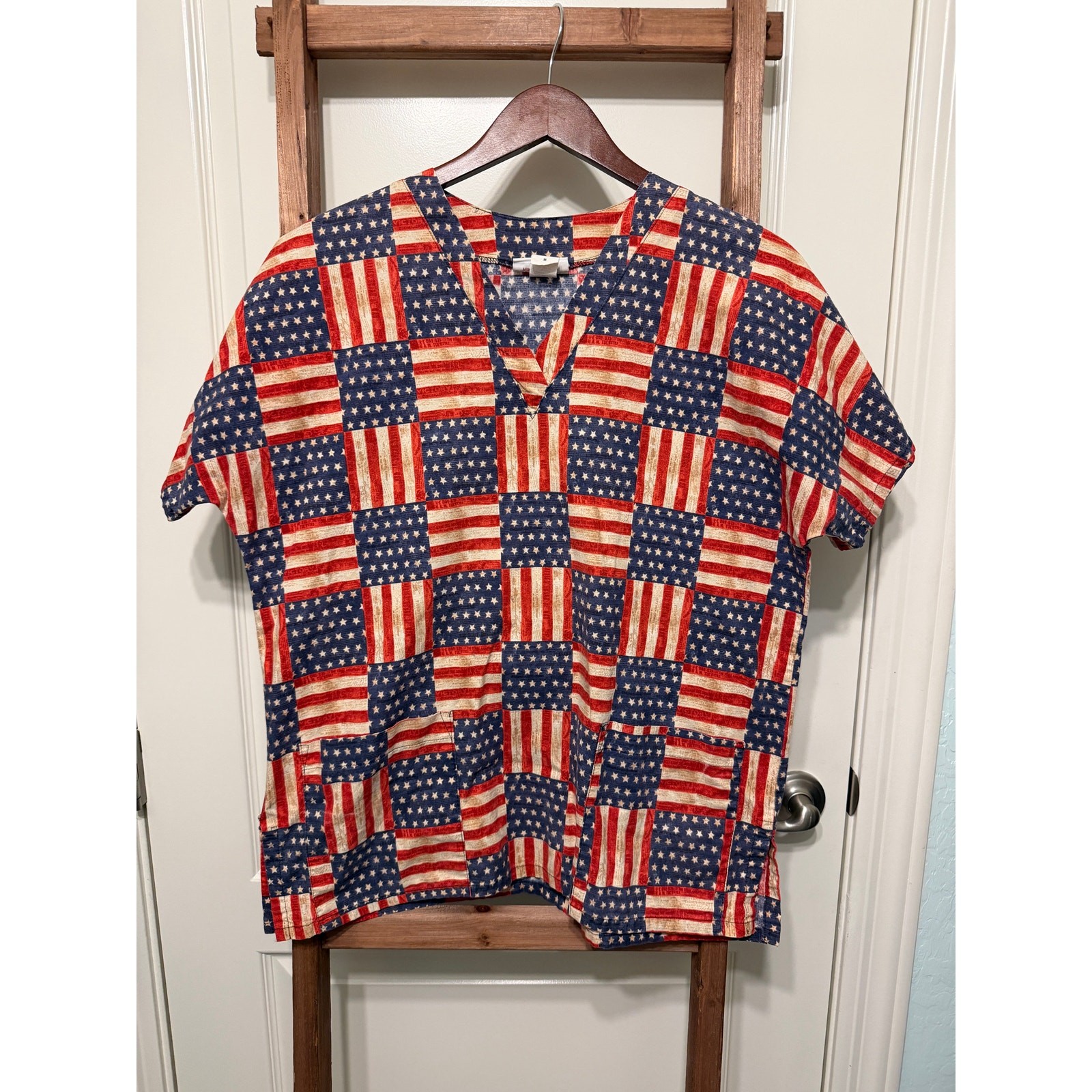 Mad about Scrubs- patriotic V-neck short-sleeve-USA/American flag patchwork-top